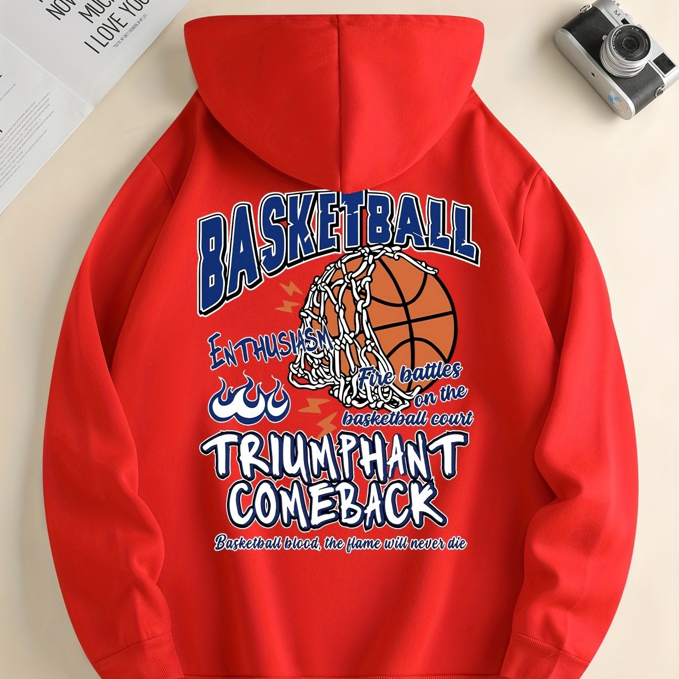 Basketball Print Kangaroo Pocket Hoodie, Casual Long Sleeve Hoodies Sweatshirt, Men's Clothing, For Fall Winter