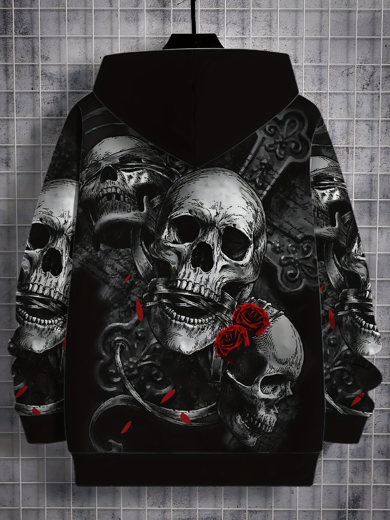 Men'S Gothic Skull Hoodie, 3D Rose and Skeleton Print, Casual Polyester Sweatshirt, Slight Stretch Knit Fabric, Regular Fit, for Spring/Fall Outdoor Wear