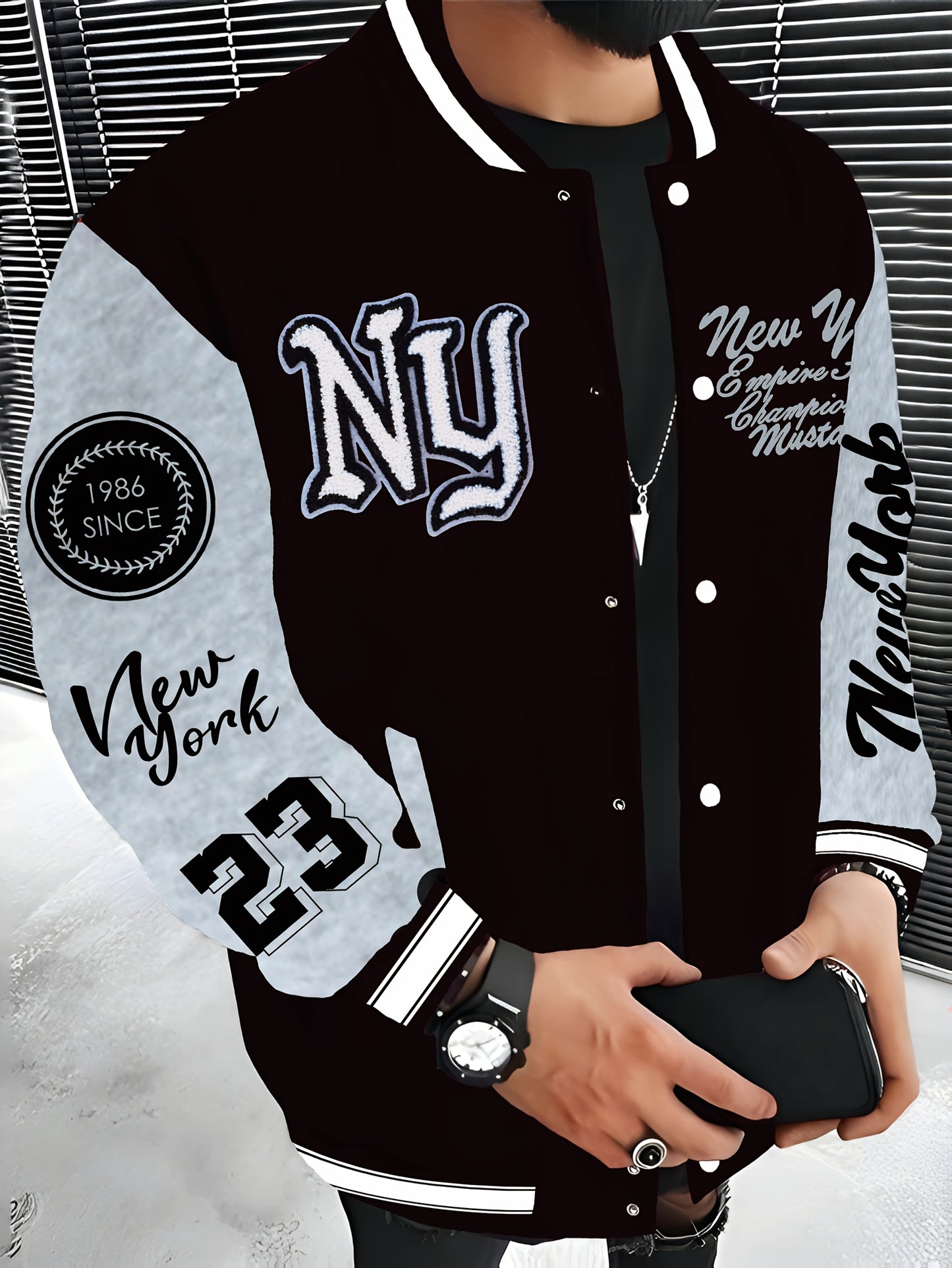 New York Embroidered Varsity Jacket - Men's Casual Fleece-Lined Baseball Coat, Lightweight & Warm for Fall/Winter, Machine Washable, Autumn, Hip Hop, Christmas & New Year, Leisure Style, Leisure Outing Occasion, Conventional