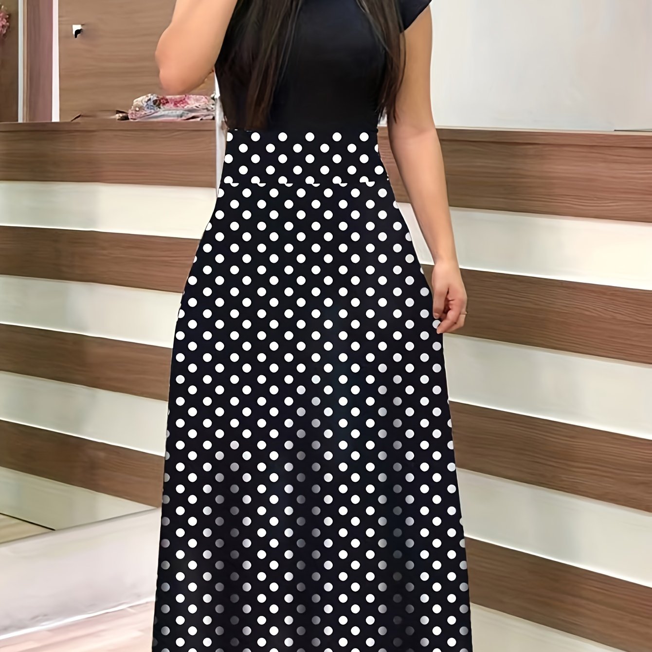 Floral Print Splicing Maxi Dress, Casual Crew Neck Short Sleeve Dress For Spring & Summer, Women's Clothing