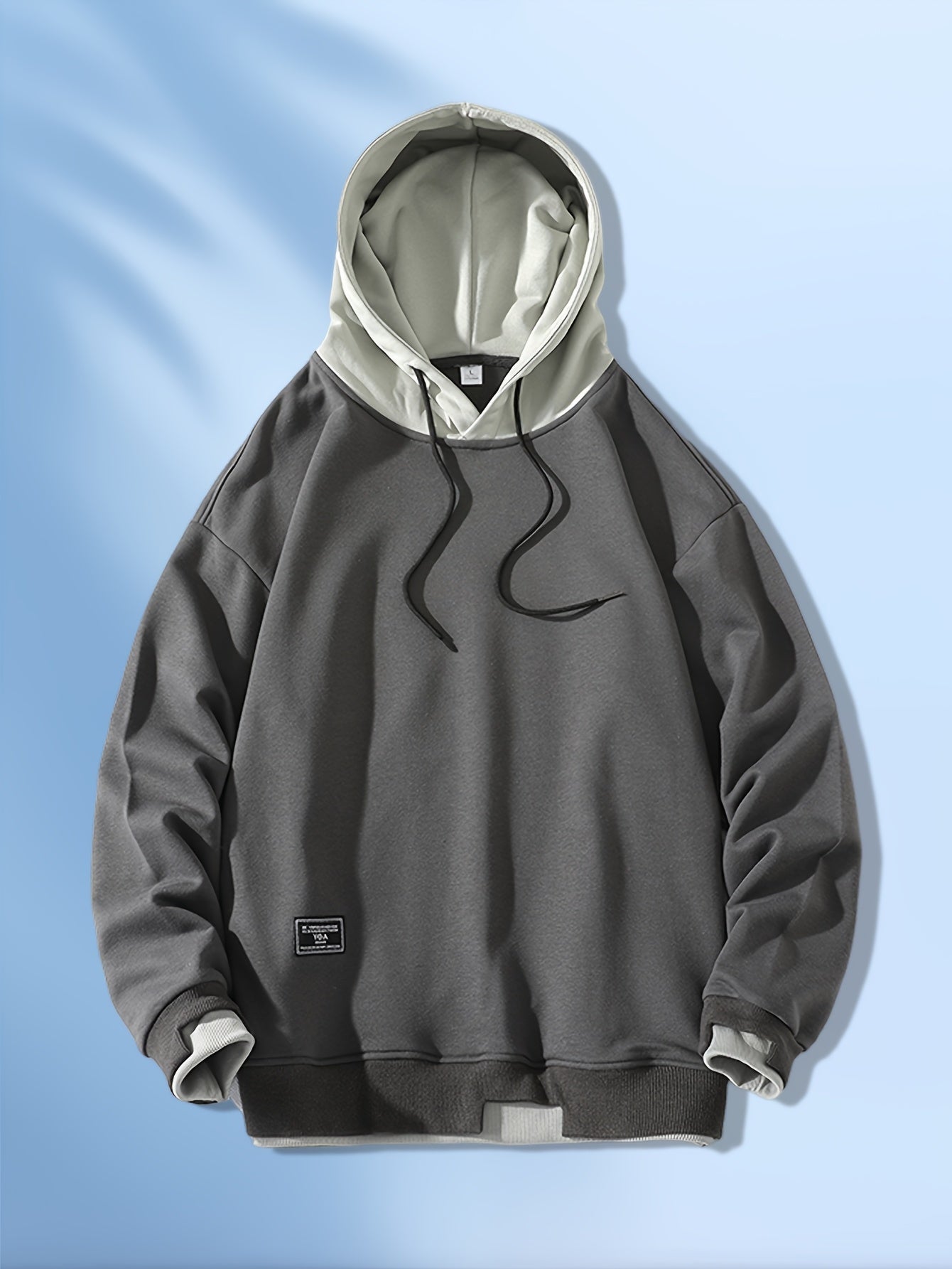 Men'S Fashion Casual Hooded Sweatshirt, 100% Polyester Knit Fabric, Long Sleeve, Loose Fit Pullover with Geometric Applique Design, Medium Stretch, for Spring/Autumn Trendy Streetwear