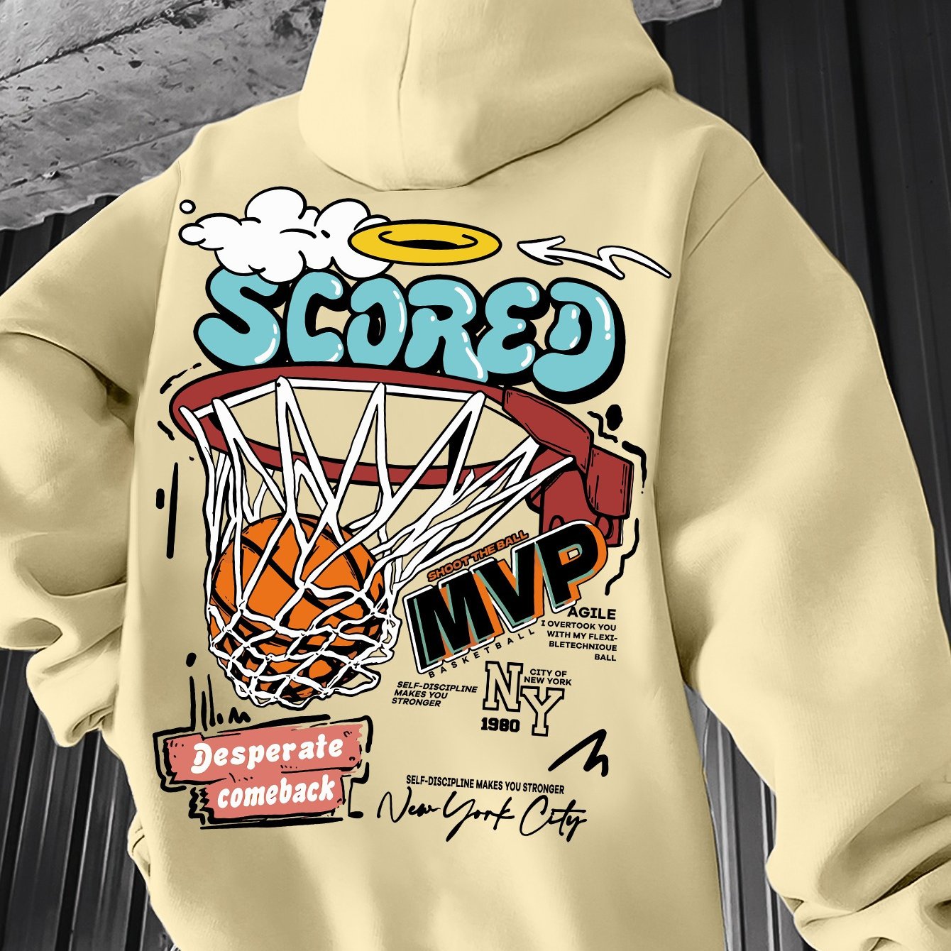 Spring/Fall Casual MVP Basketball Graphic Hoodie for Men - Knitted Fabric Regular Fit with Slight Stretch - Polyester & Elastane Blend, Geometric-Pattern, Hooded Pullover - Fashion Sportswear
