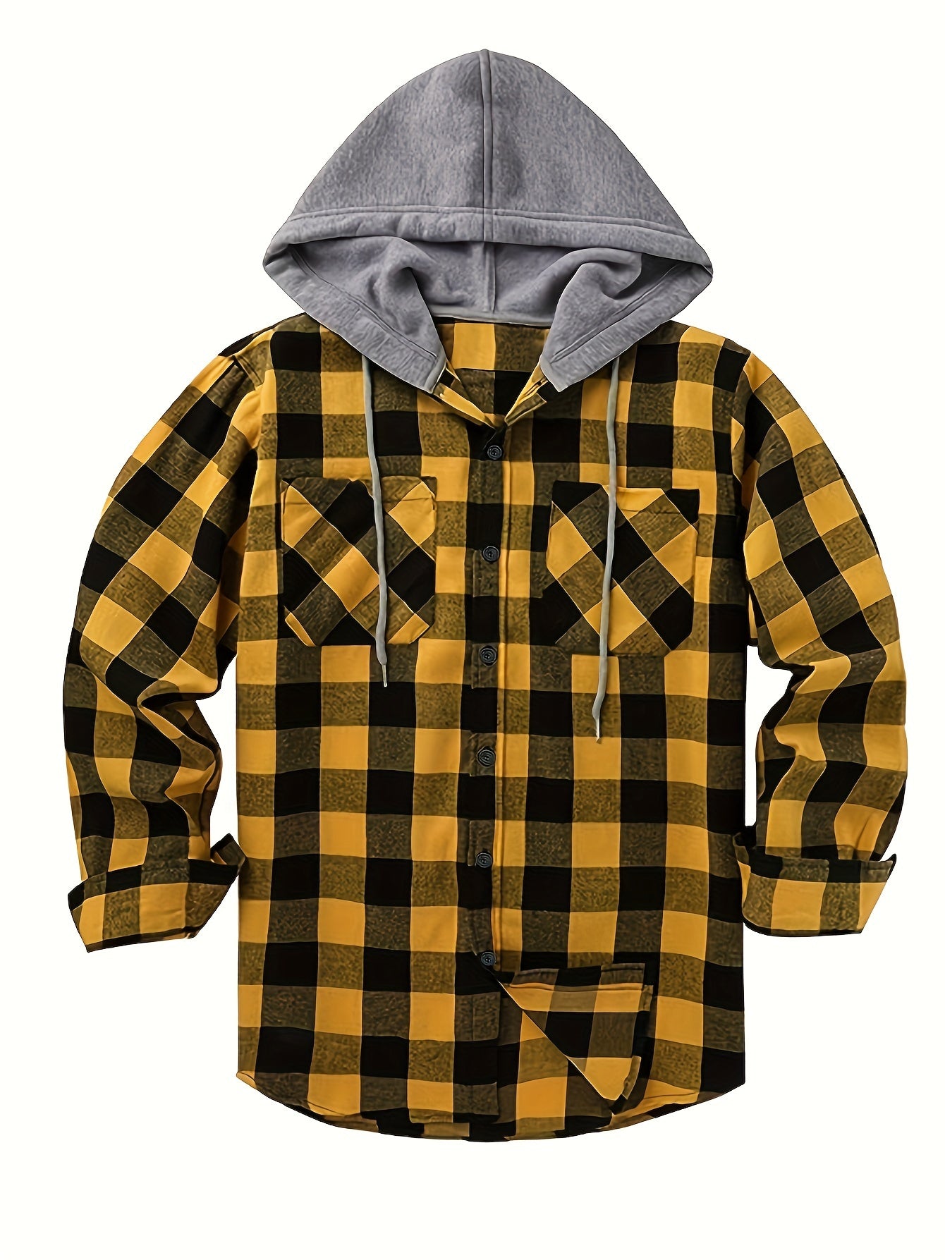 Fashionable Design Men's Plaid Pattern Hooded Long Sleeve And Button Up Shirt Jacket With Pockets, Chic And Trendy Hoodie Jacket For Outdoors Leisurewear
