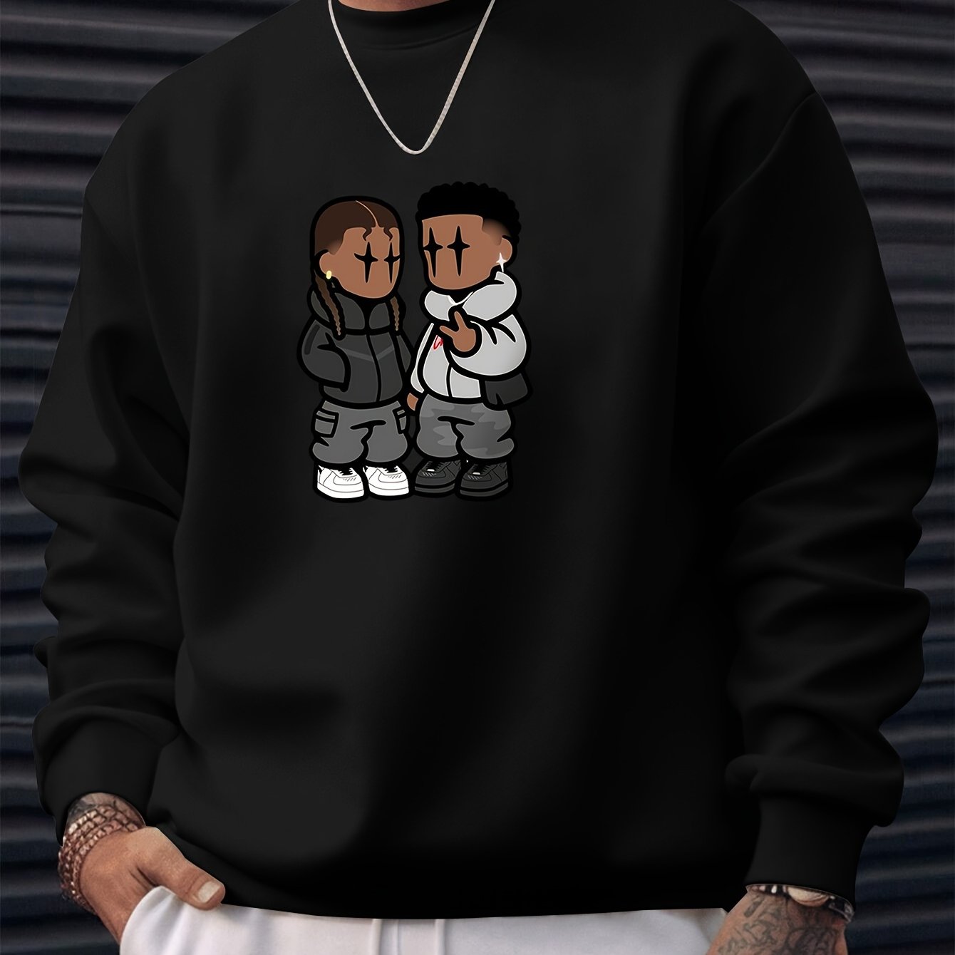 Men's Stylish Creative Cartoon Style Printed Floral Sports Casual Commuting Versatile Long-sleeved Round Neck Black Sweatshirt - An Exquisite