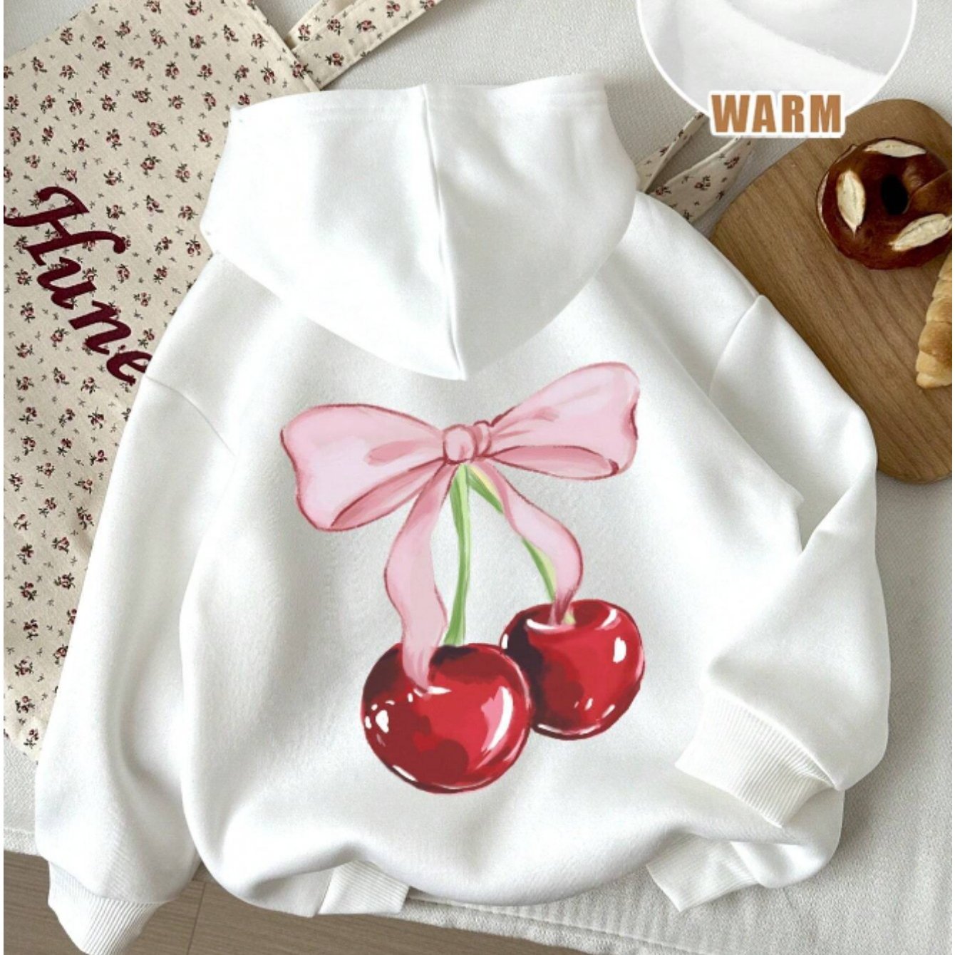 Women'S Casual Polyester Hoodie with Cherry Bow Graphic Print, Drawstring Hooded Sweatshirt, All-Season Knit Fabric Pullover, 100% Polyester, 250g/m² - Cozy & Stylish