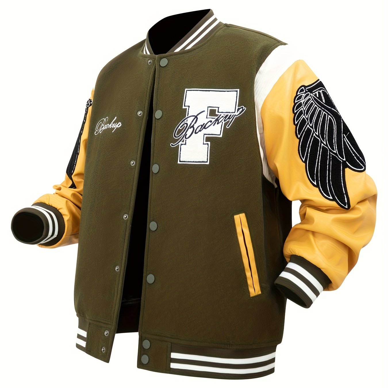 Men's Letter Double-wing Embroidery Varisty Jackets Vintage Long Sleeve PU Leather Patchwork Baseball Coats for Autumn&Winter