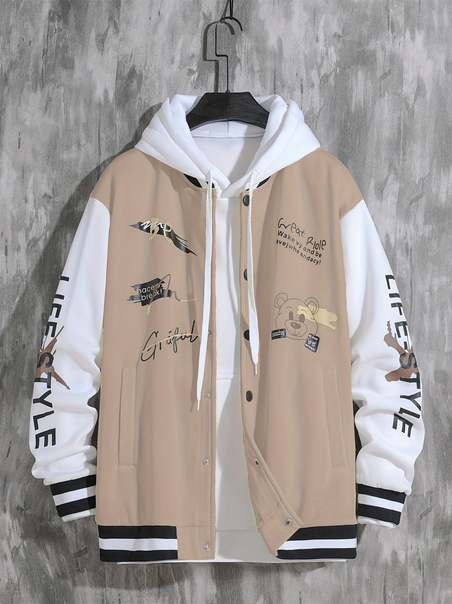 Men'S Casual Baseball Jacket, Polyester 100% Knit Fabric, Long Sleeve with Alphabet Pattern, Regular Length, Button Closure, Baseball Collar, Single Breasted Placket, Loose Fit, 200g/m² Weight - Spring/Fall Fashion