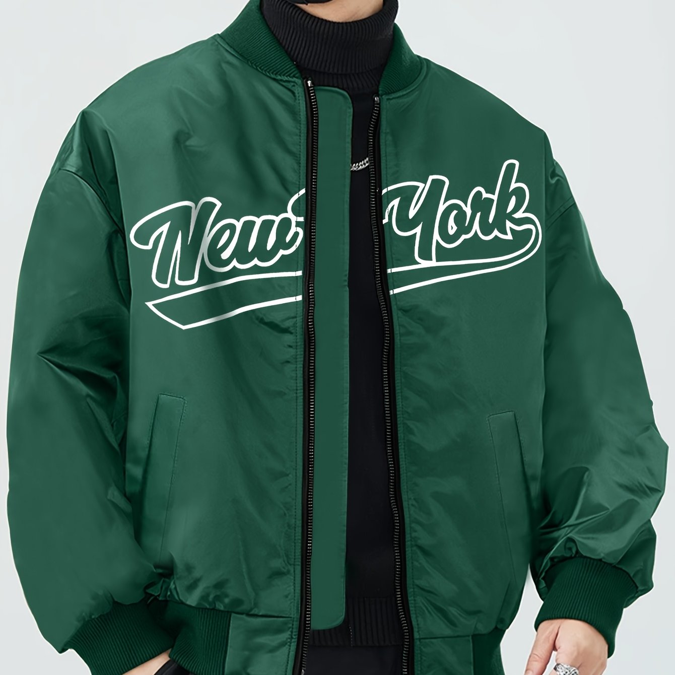 1pc Men'S Casual Bomber Jacket, Polyester 100% Lightweight Windbreaker, Letter Print, Baseball Collar, Long Sleeve, Regular Fit with Pockets, Zippered Front - Daily and Leisure Wear