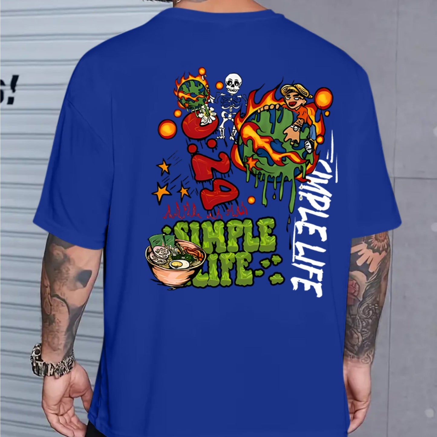 Men's Casual Vintage-Style Earth Skull Graphic Tee - Loose Fit, Breathable Polyester, Machine Washable, Round Neck T-Shirt with Unique Print Design, PLUS SIZE