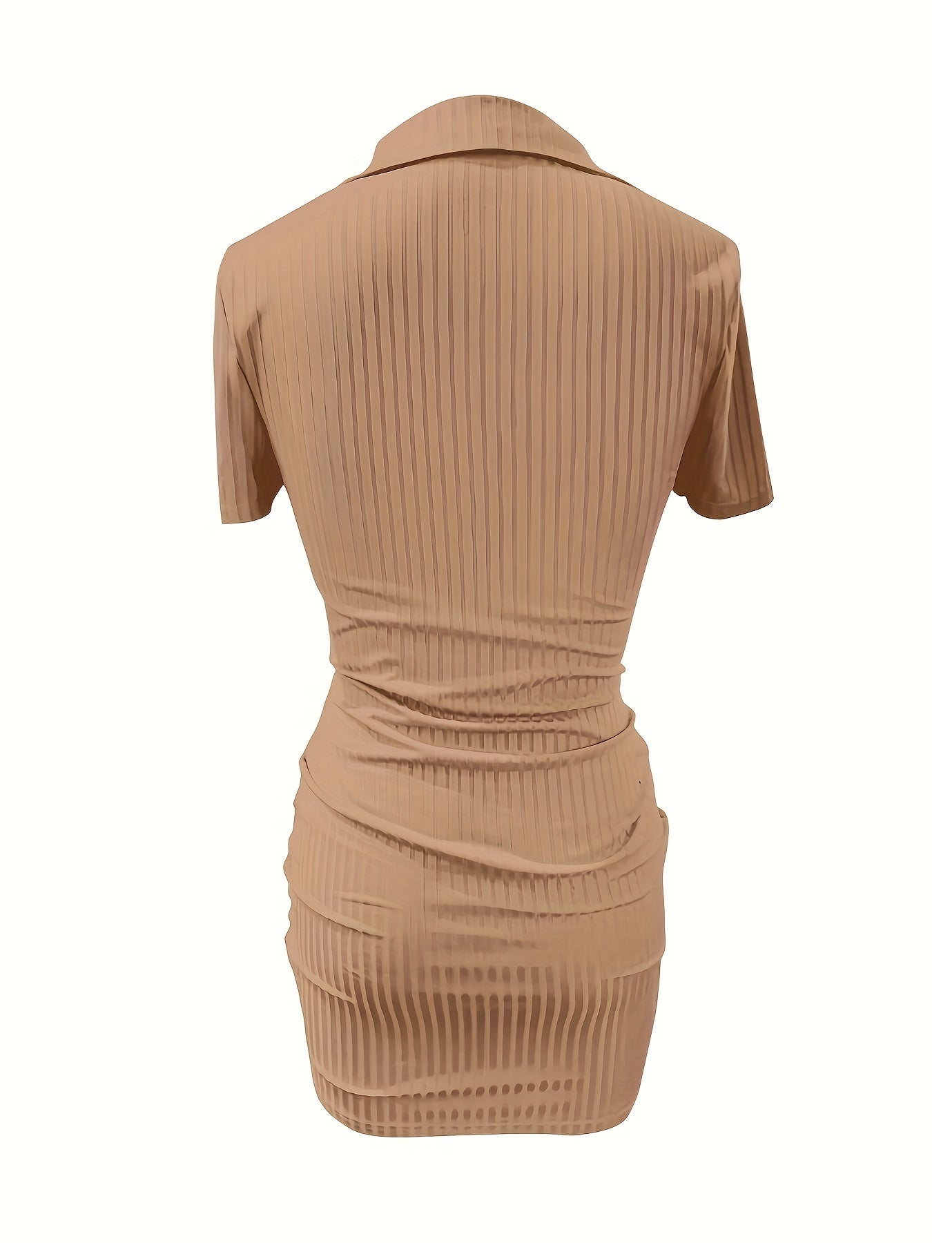 Solid V Neck Dress, Casual Short Sleeve Lapel Bodycon Dress, Women's Clothing