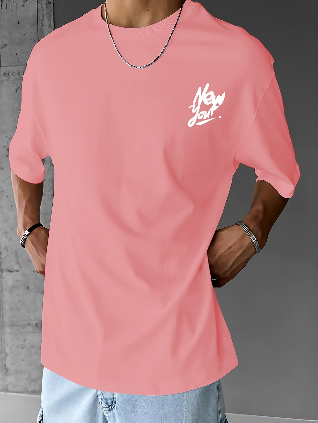 Men's Casual Statue of Liberty & Letter Print T-Shirt - Loose Fit, Breathable Polyester, Round Neck - Perfect for Summer