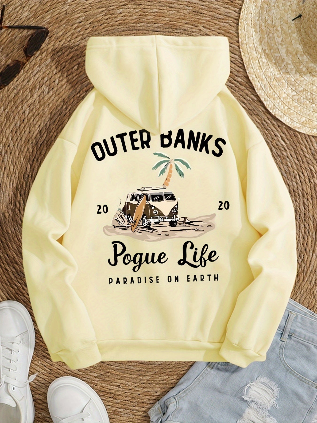 Funny Landscape & Letter Print Kangaroo Pocket Hoodie, Casual Long Sleeve Drawstring Hoodies Sweatshirt for Winter & Autumn, Women's Clothing, Oversized Hoodie