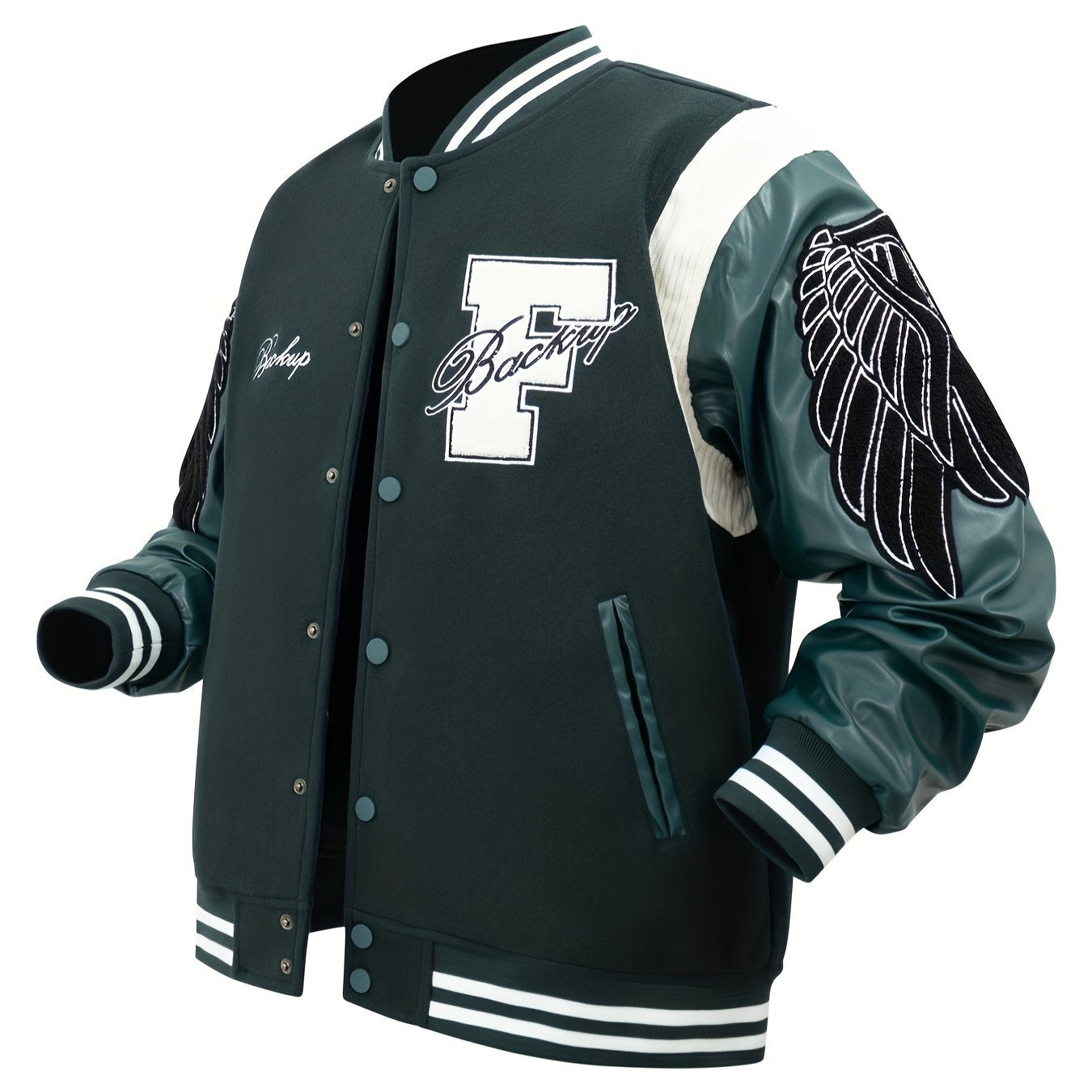 Men's Letter Double-wing Embroidery Varisty Jackets Vintage Long Sleeve PU Leather Patchwork Baseball Coats for Autumn&Winter