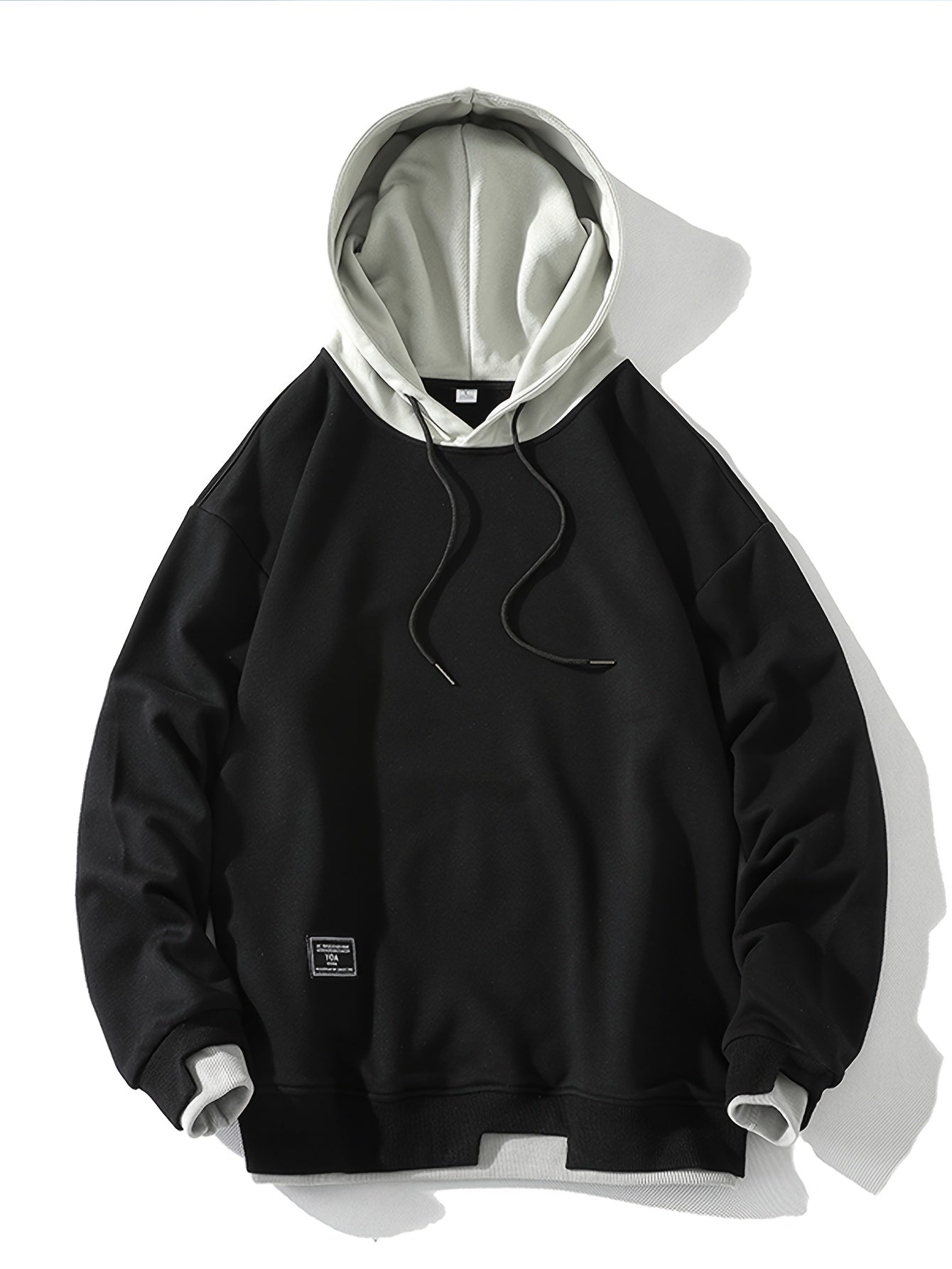 Men'S Fashion Casual Hooded Sweatshirt, 100% Polyester Knit Fabric, Long Sleeve, Loose Fit Pullover with Geometric Applique Design, Medium Stretch, for Spring/Autumn Trendy Streetwear