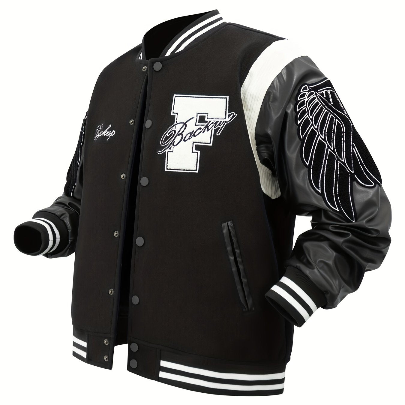 Men's Letter Double-wing Embroidery Varisty Jackets Vintage Long Sleeve PU Leather Patchwork Baseball Coats for Autumn&Winter