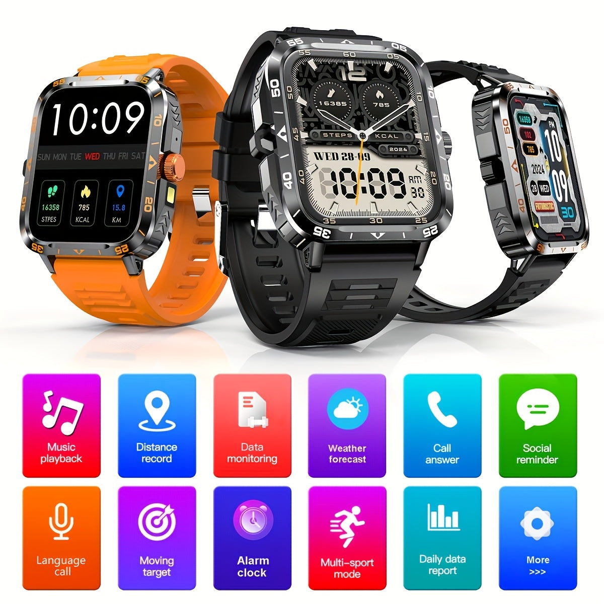 Smart Watch with LED Flashlight, 4.95cm Display, Compatible with Android & Iphone, 100+ Sports Modes, Customizable Watch Faces, Calorie & Step Counter, Water-Resistant, USB Charging, Wireless 5.1, TFT Screen, PC Case, Silicon
