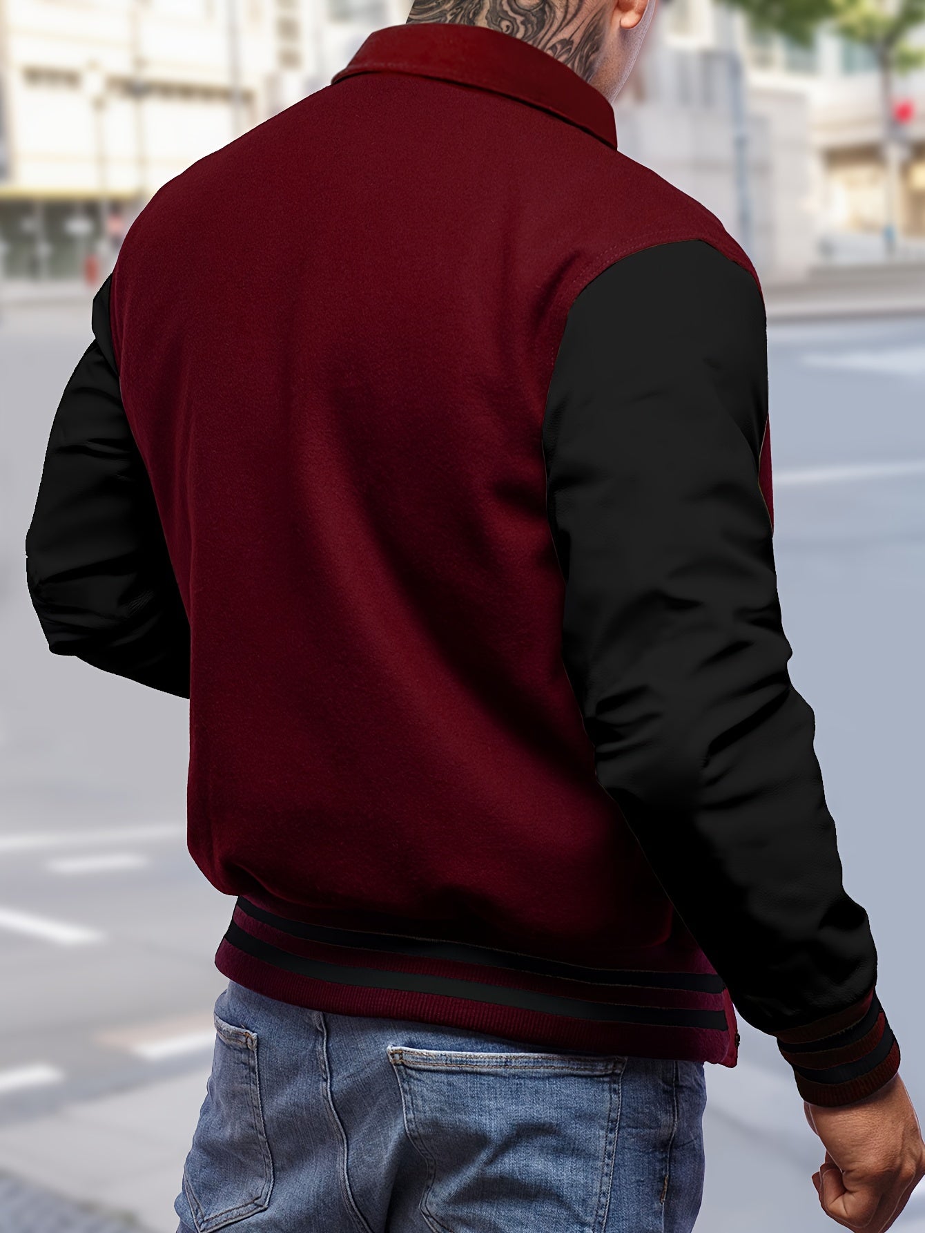 Men's Fashion Thick Collar Baseball Jacket, Random Print, Casual Style, Polyester Blend, Stretch Knit, Regular Fit, with Pockets, for Fall/Winter