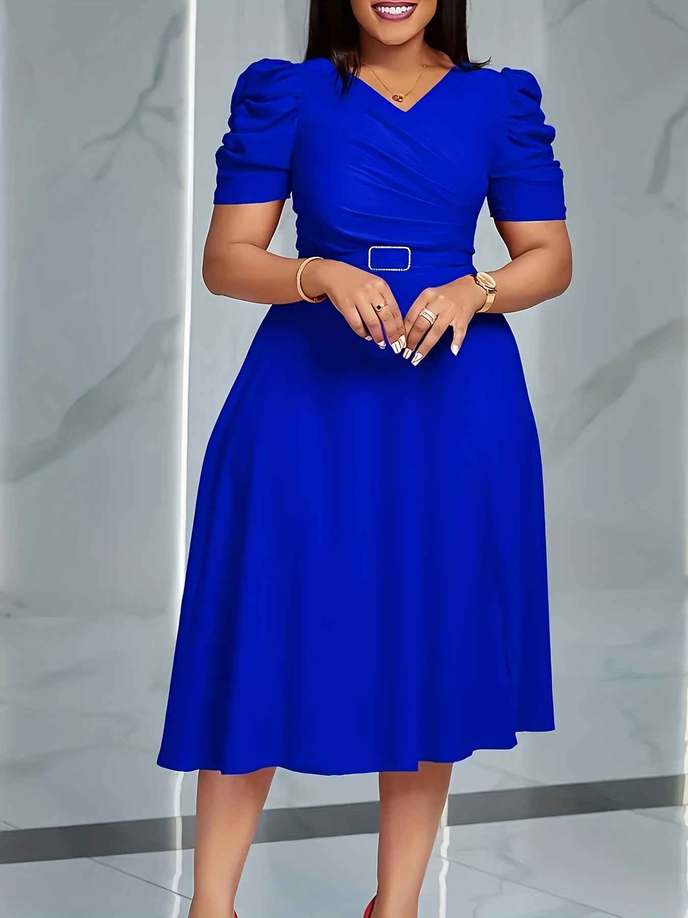 Elegant V-Neck Knit Dress for Women - Solid Color, Knee-Length with Flowy Skirt & Puff Sleeves, Machine Washable