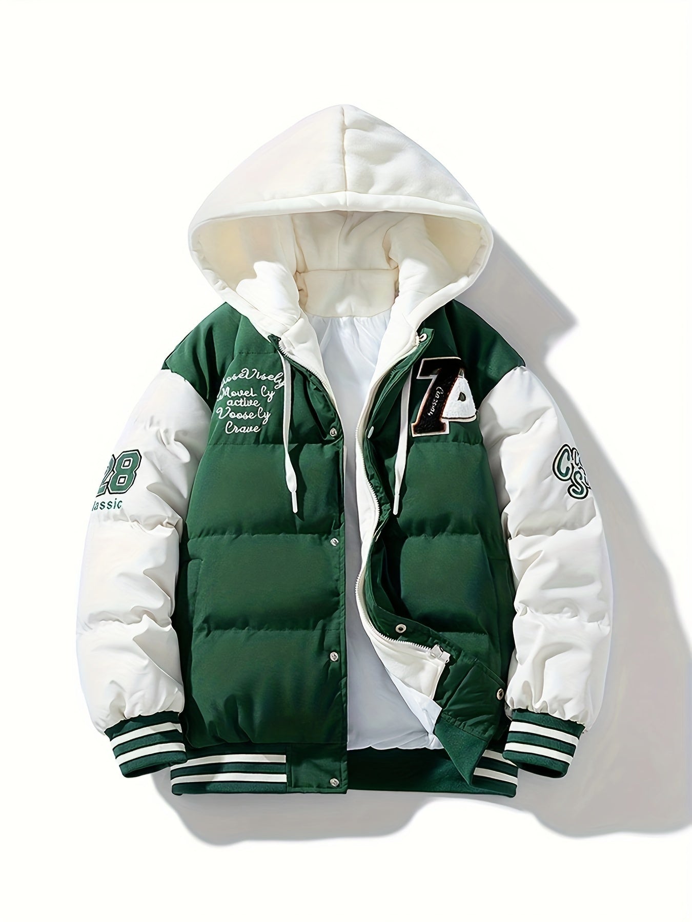 Men's Preppy Style Hooded Varsity Jacket - Casual Color Block Puffer with Embroidered Patches, Zip-Up, Long Sleeves, Polyester - Perfect for Baseball & Casual Attire, Everyday Jacket|Color Block Design|Ribbed Cuffs