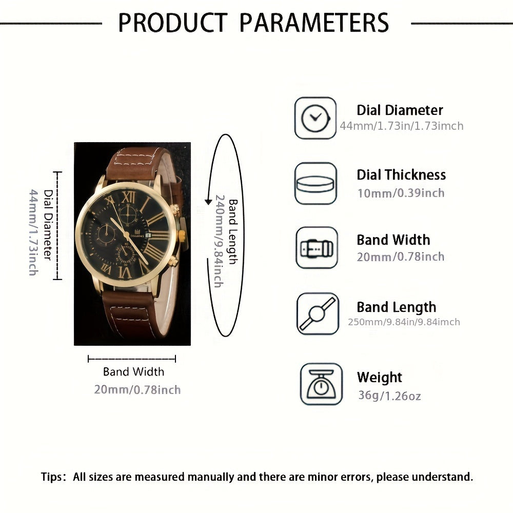 4pcs Men's Elegant Quartz Watch & Bracelet Set - Fashionable Brown with Golden Accents, Calendar Feature, Faux Leather Strap - Ideal Gift for Him
