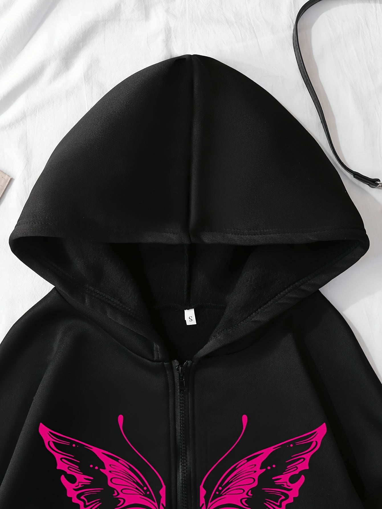 Butterfly Print Fleece Lined Sports Hooded Jacket, Long Sleeves Zipper Front Drawstring Casual Coat, Women's Activewear