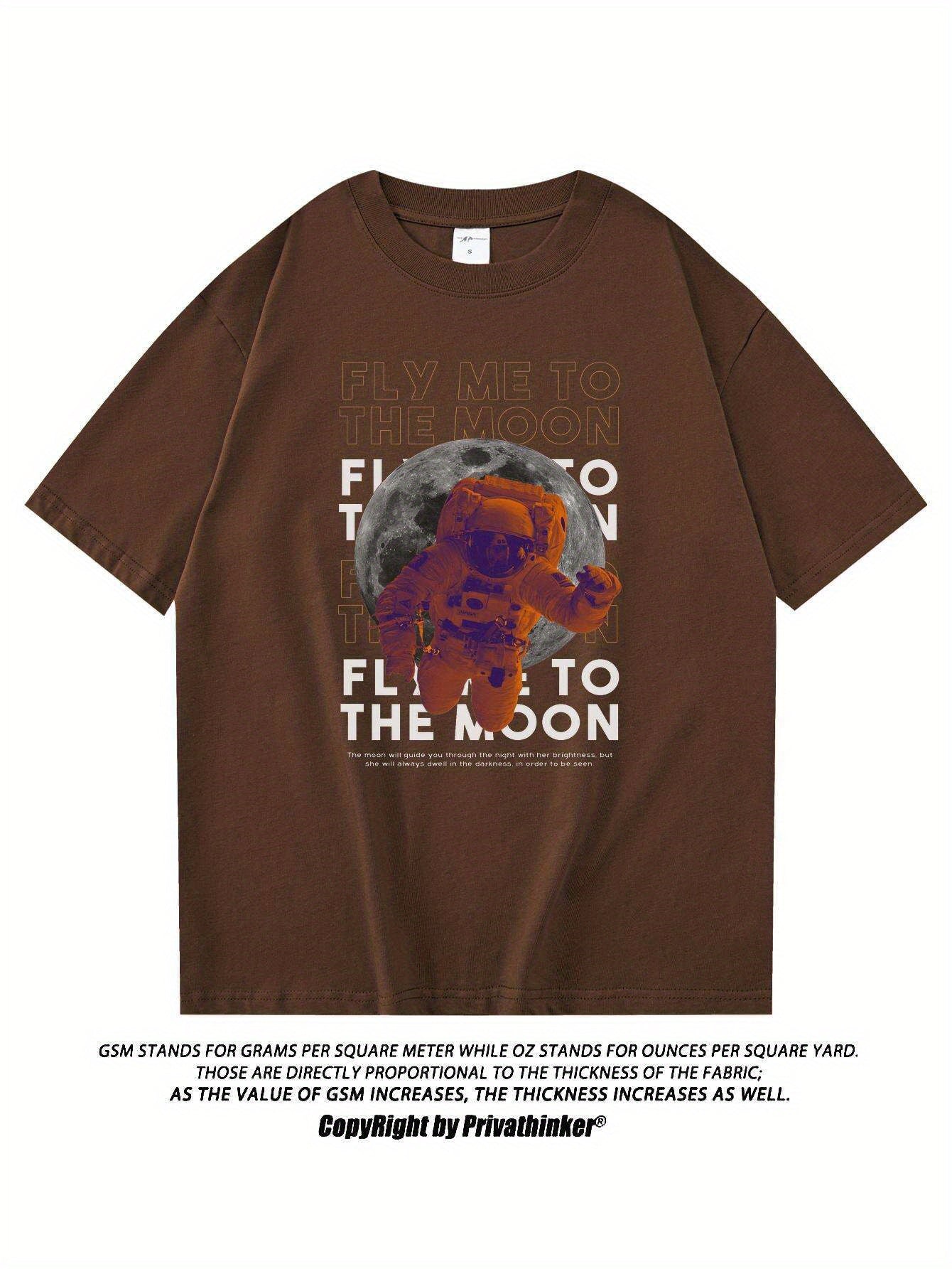 PRIVATHINKER Men's "Fly Me to The Moon" Graphic Tee - 100% Cotton, Oversized & Lightweight, Casual Summer Streetwear with Astronaut & Moon Design, Short Sleeve, Round Neck