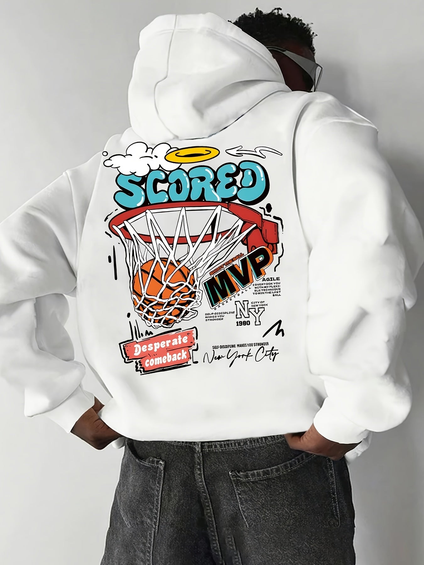 Men's Basketball Print Fleece-Lined Hoodie - Casual & Trendy, Loose Fit with Pockets for Fall/Winter