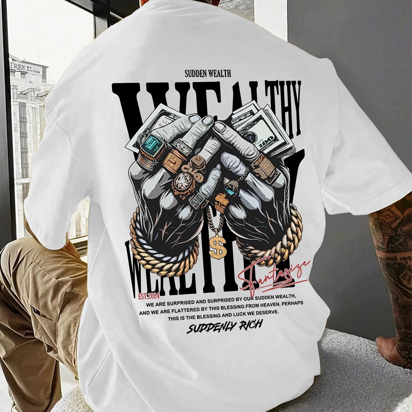 Men's Casual Graphic Tee with Unique Hand Jewelry Design - Soft Polyester Blend, Stretch Fit, Machine Washable - Perfect for Summer Outings