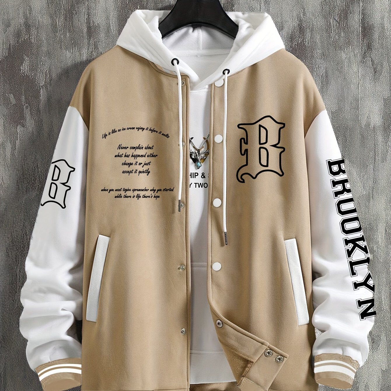 Men's Color Block Varsity Jacket, Casual Baseball Jacket With Letter Embellishment, Comfortable Fit Outerwear