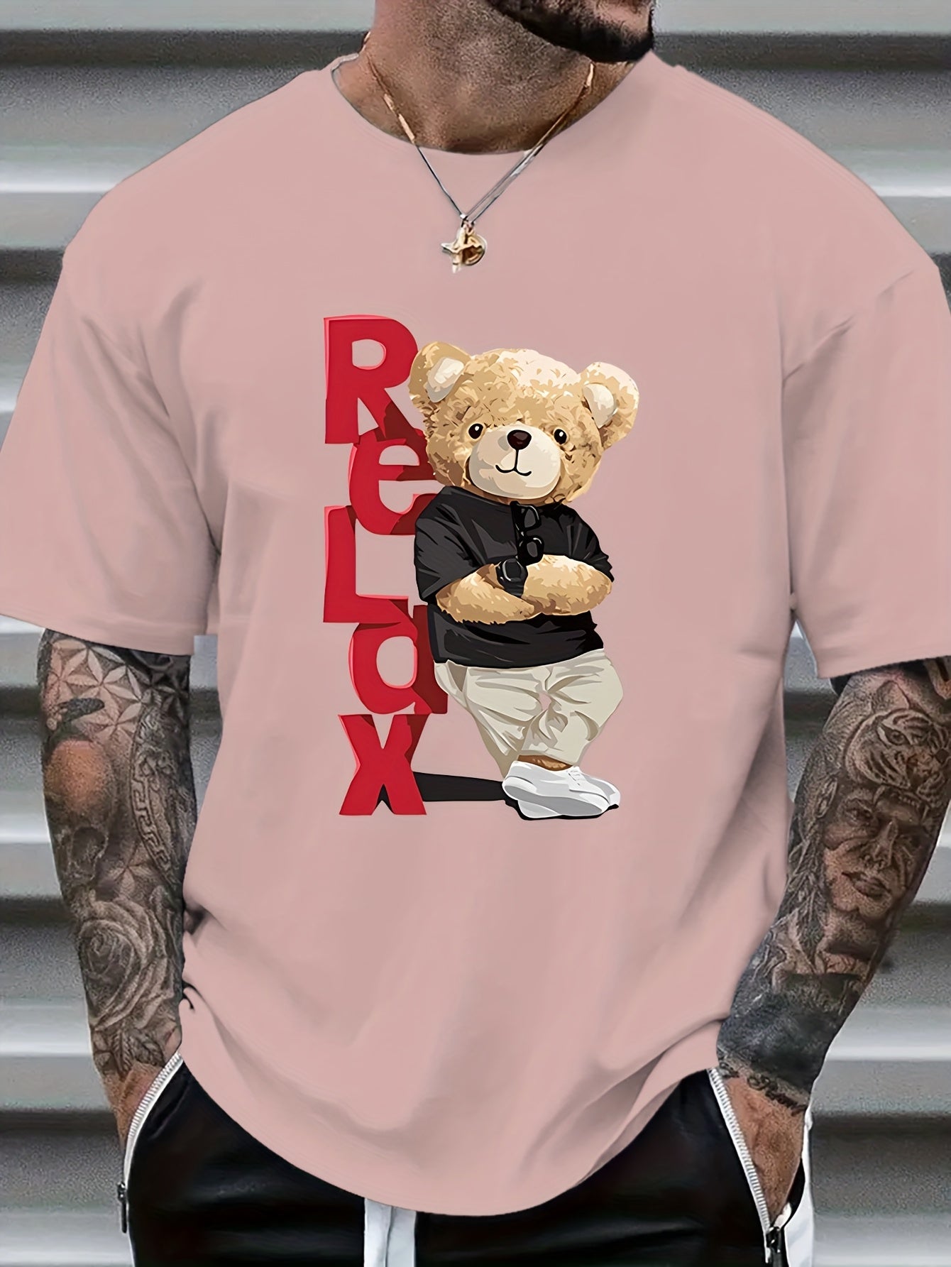 Men's Trendy Bear Print Short Sleeve T-Shirt - Comfortable Polyester Blend, Round Neck, Machine Washable for Summer, Leisure Style, Conventional Version, Summer