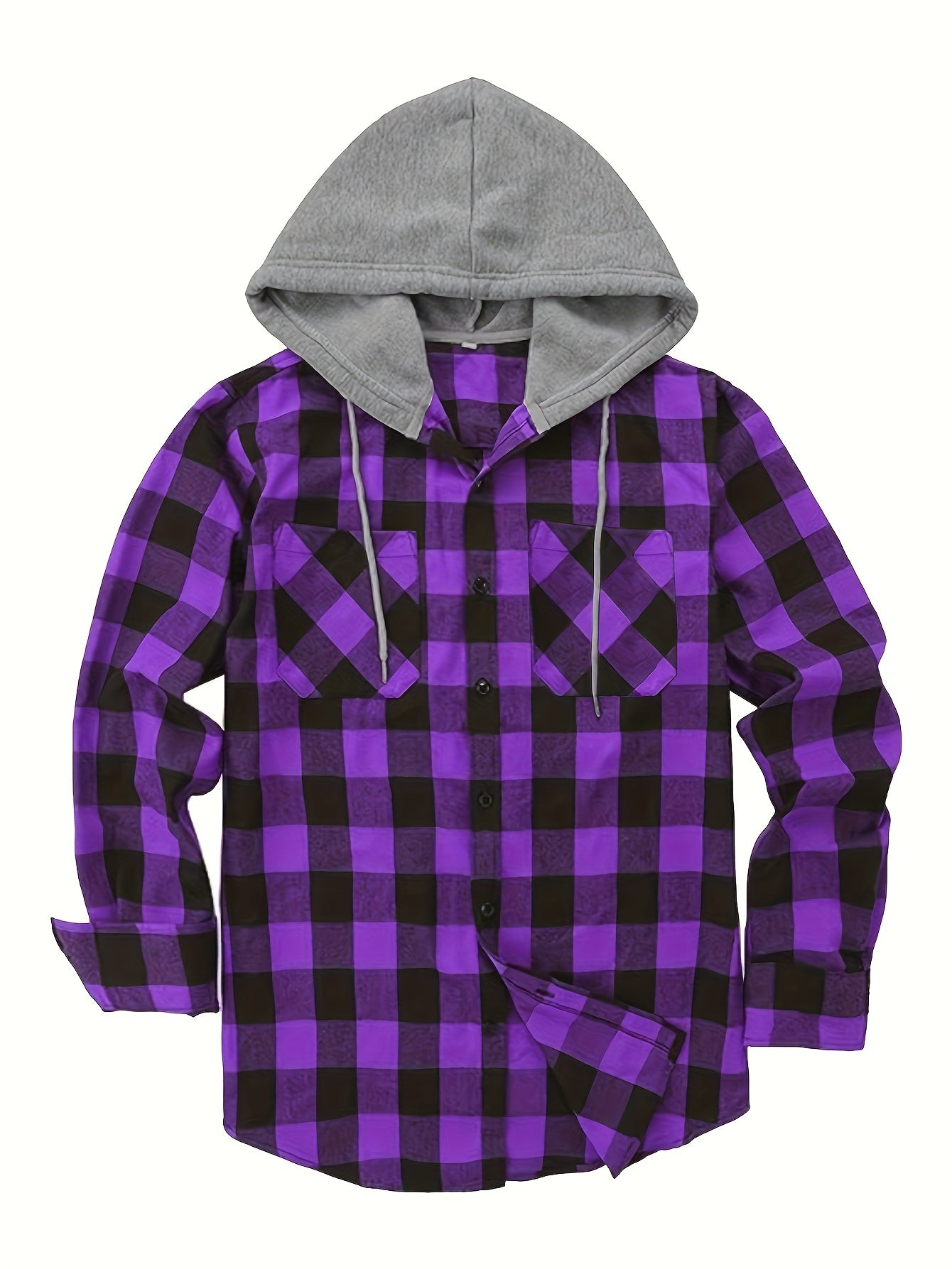Fashionable Design Men's Plaid Pattern Hooded Long Sleeve And Button Up Shirt Jacket With Pockets, Chic And Trendy Hoodie Jacket For Outdoors Leisurewear