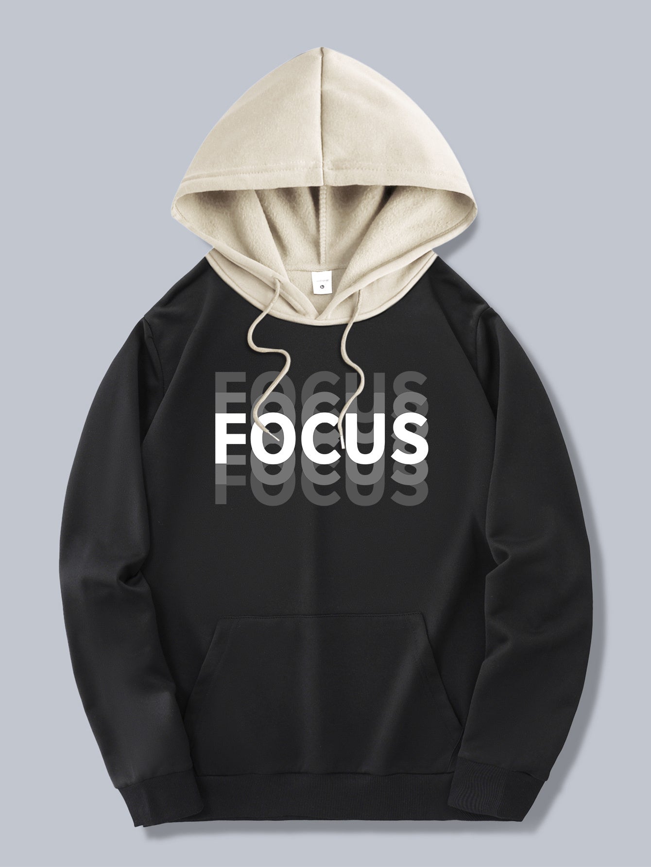 Men's Trendy Color-Block Hoodie with Drawstring - Casual Apricot Pullover with Letter Print, Polyester Blend, Machine Washable
