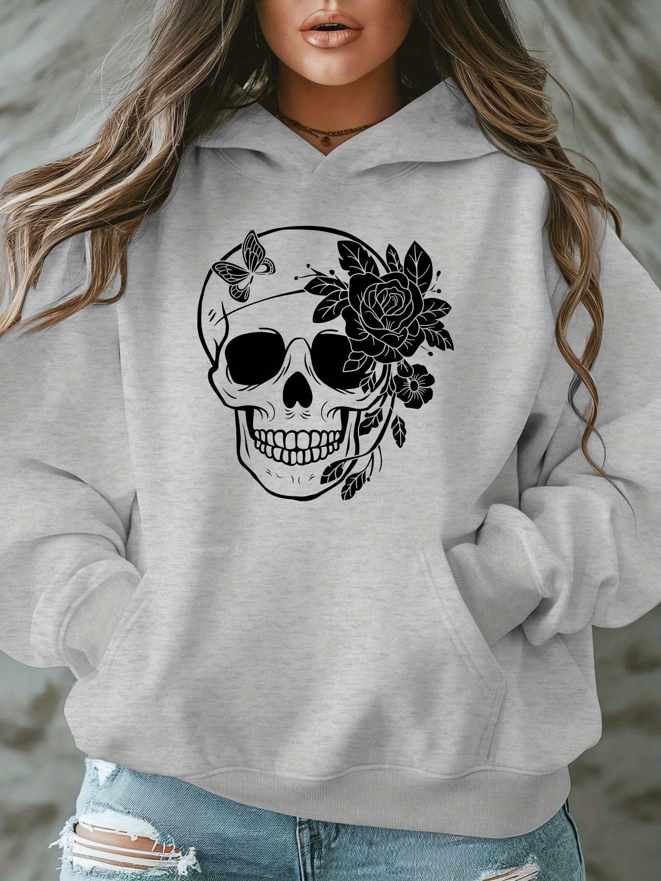 1pc Women'S Plus Size Casual Hoodie with Floral Skull Print, Polyester Knit Sweatshirt, Long Sleeve Pullover with Pockets, Letter Pattern, Round Neck Hooded Top, with Autumn/Winter Fashion