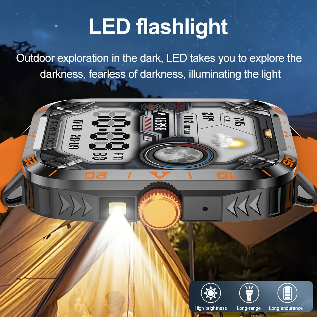 Smart Watch with LED Flashlight, 4.95cm Display, Compatible with Android & Iphone, 100+ Sports Modes, Customizable Watch Faces, Calorie & Step Counter, Water-Resistant, USB Charging, Wireless 5.1, TFT Screen, PC Case, Silicon