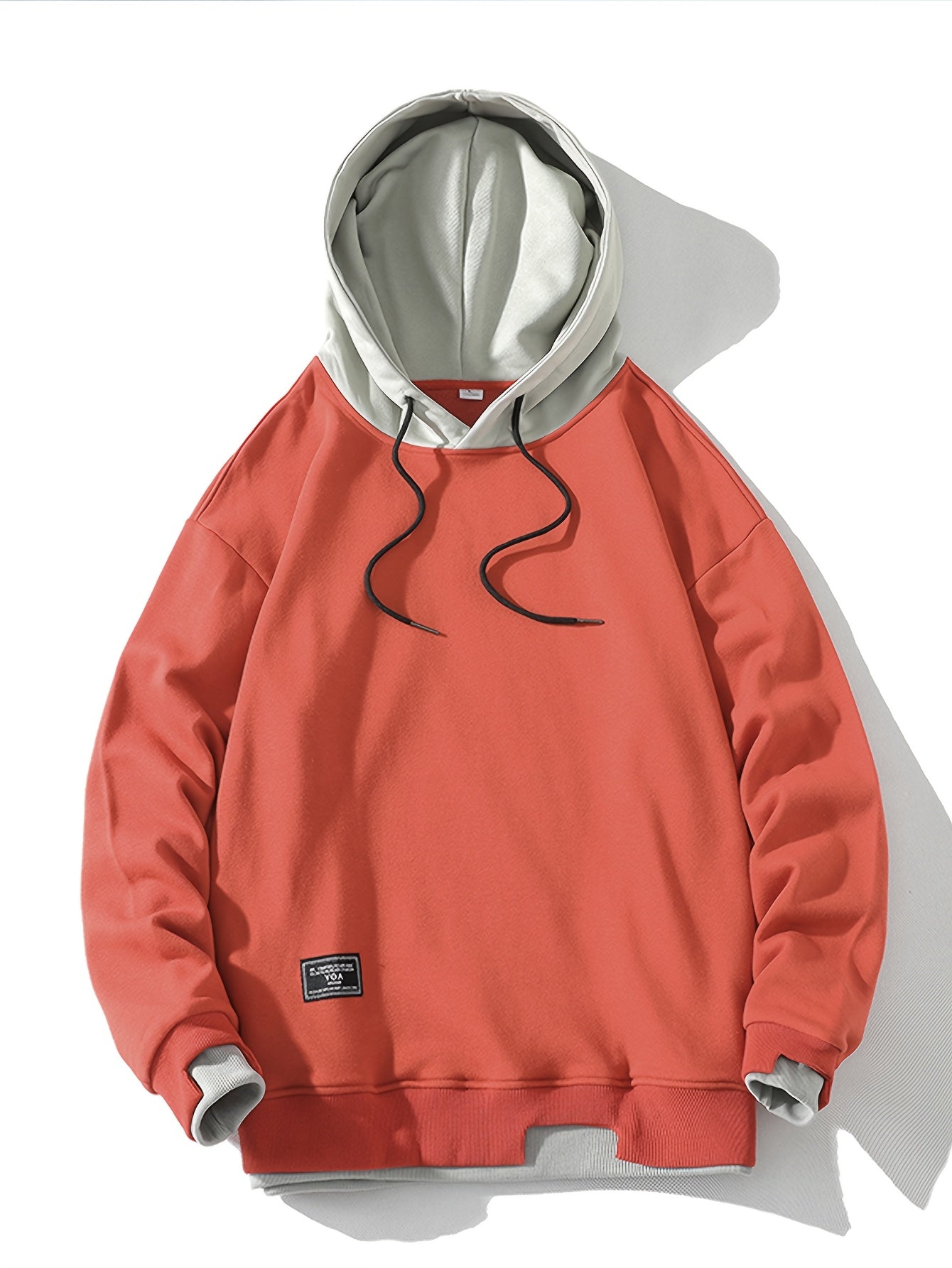 Men'S Fashion Casual Hooded Sweatshirt, 100% Polyester Knit Fabric, Long Sleeve, Loose Fit Pullover with Geometric Applique Design, Medium Stretch, for Spring/Autumn Trendy Streetwear