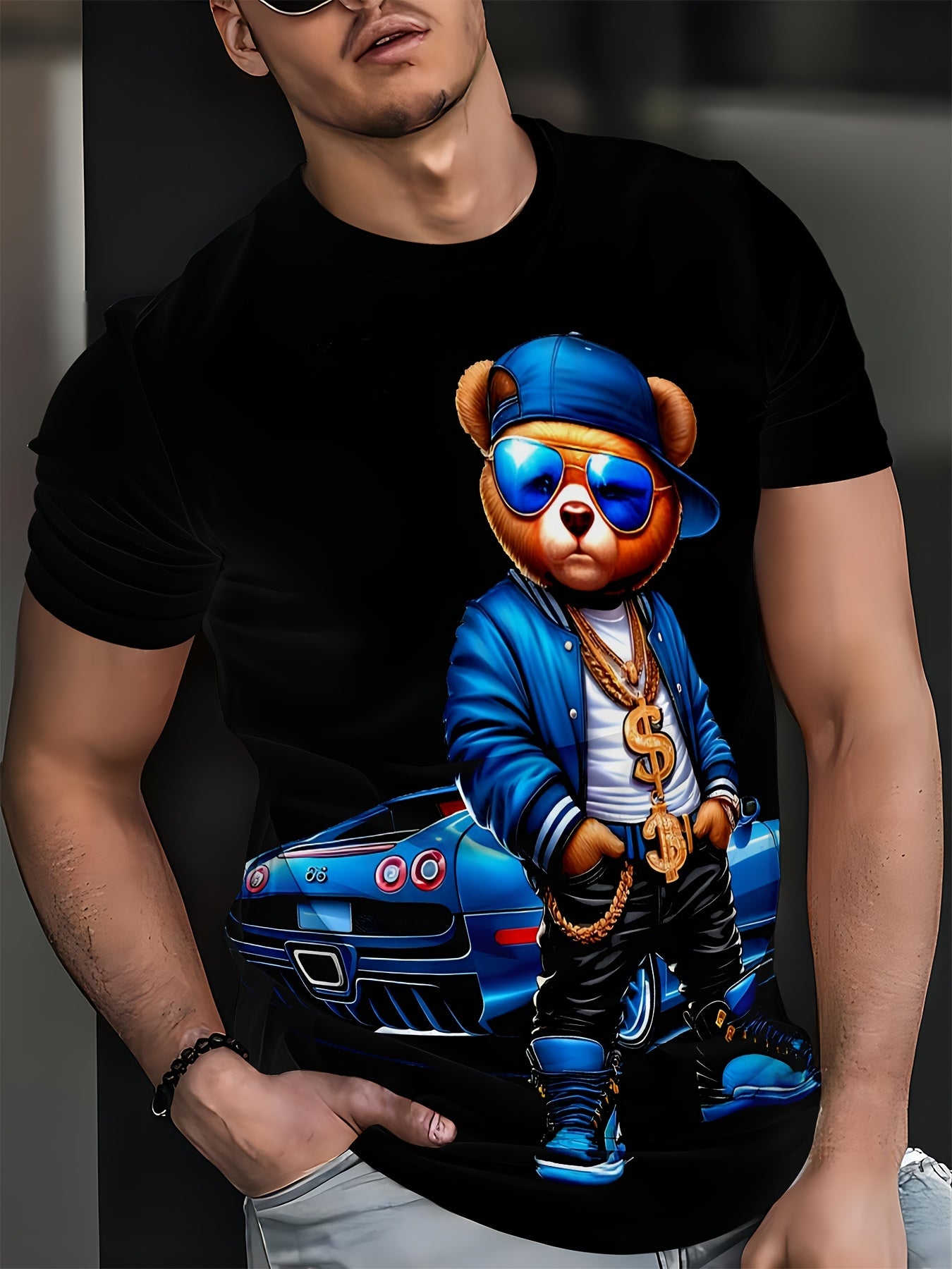 Glasses Bear Men's Fashion Digital Print Short Sleeve T-shirt