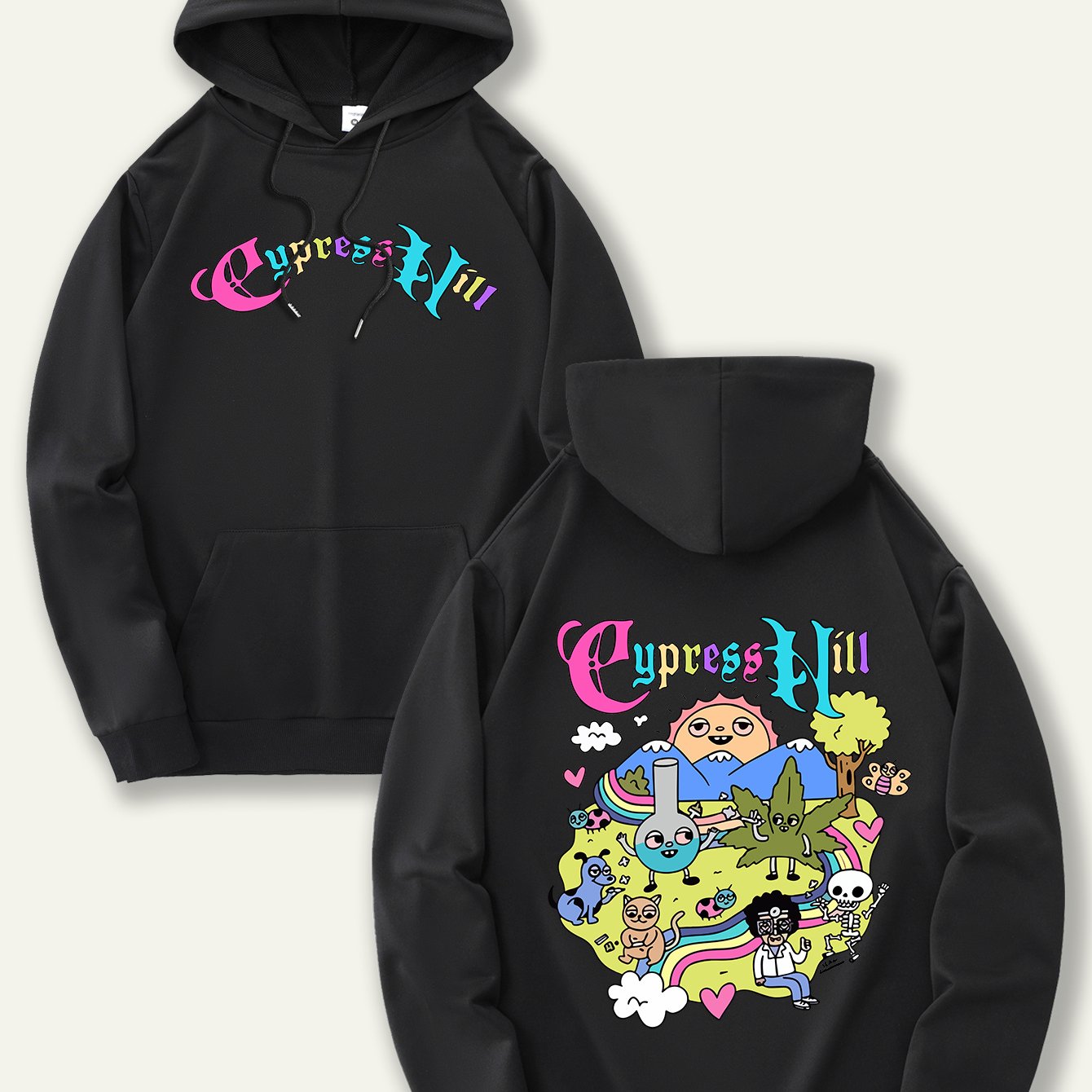 Men'S Fashion Hoodie with Cypress Hill Geometric Cartoon Print - All Season Casual Knit Polyester Sweatshirt with Hood, Drawstring, Kangaroo Pocket, Regular Fit - Unisex Stylish Pullover