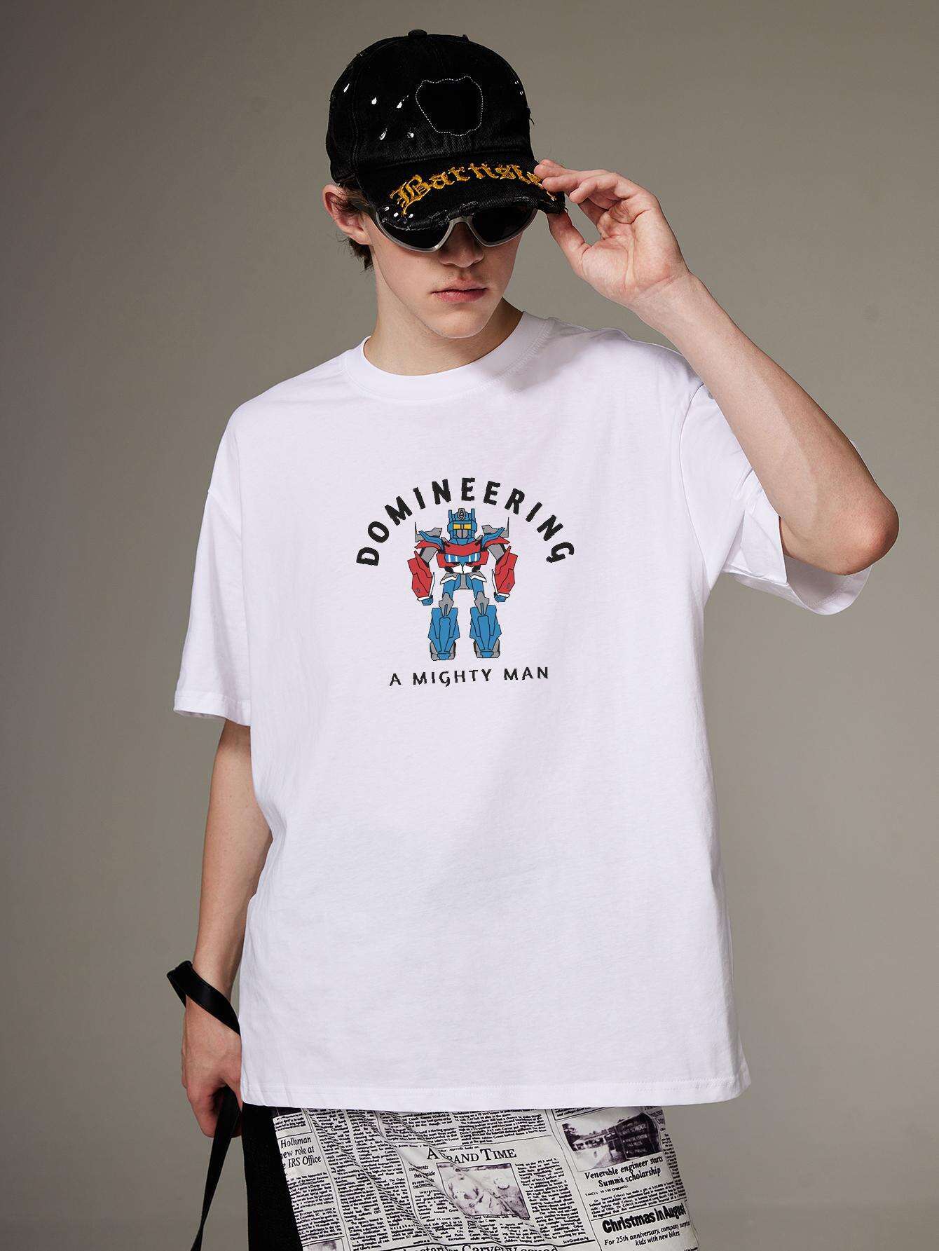 PRIVATHINKER "Domineering A Mighty for Man" Graphic Tee - 100% Cotton, Oversized Casual Hip Hop Style, Short Sleeve T-Shirt with Robot Print, Summer Streetwear for Men and Women