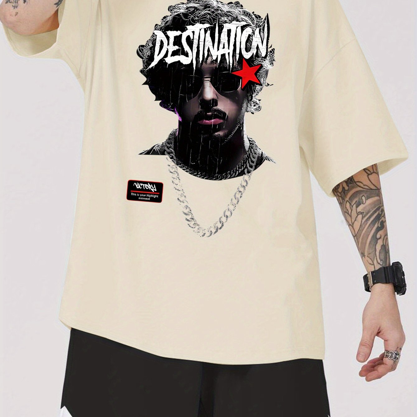 1pc Men'S Casual Rapper Print T-Shirt, Polyester Knit Fabric with Slight Stretch, Crew Neck, Short Sleeve, Summer Patterned Tee