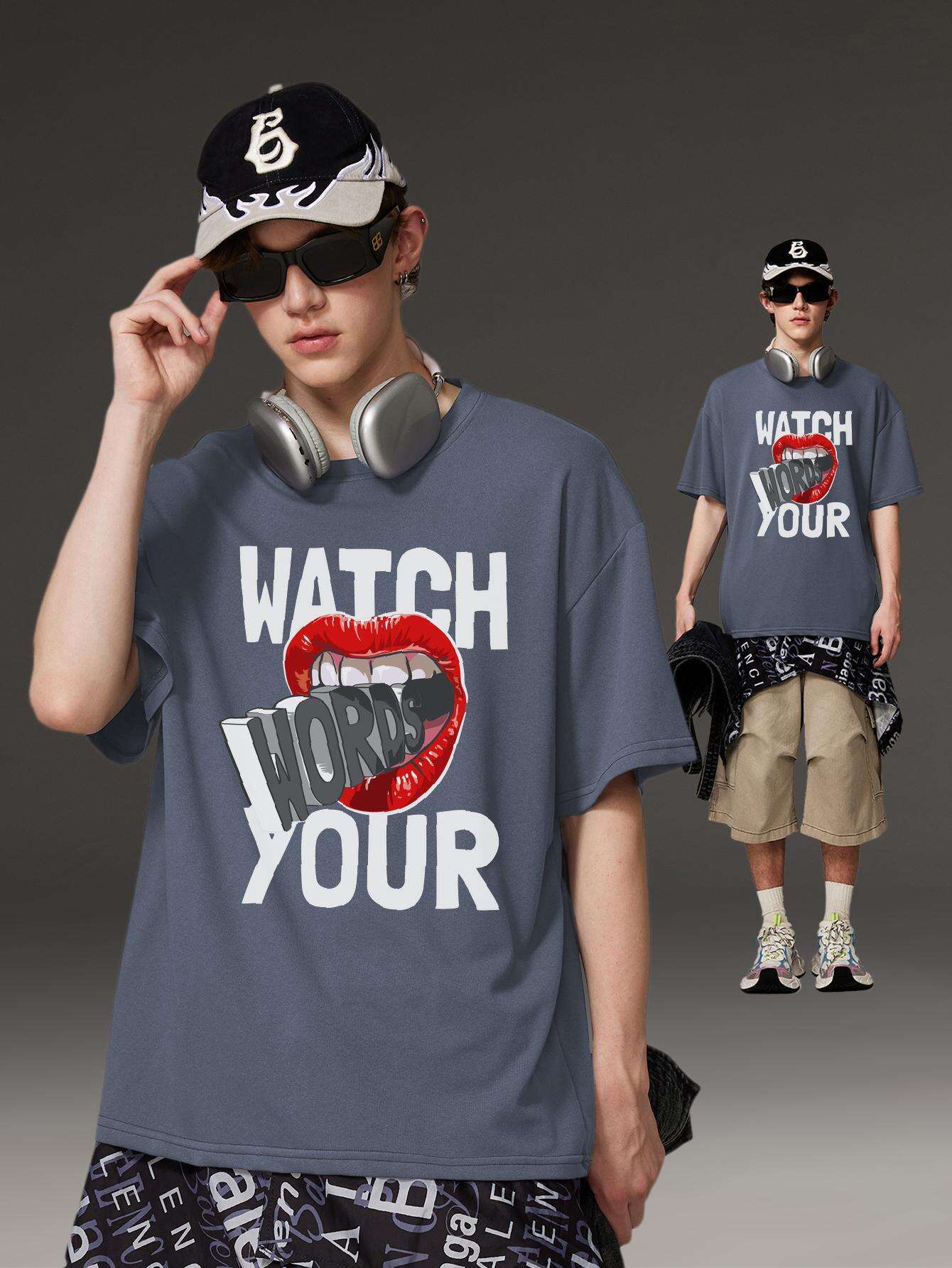 PRIVATHINKER "Watch Your Words" Graphic Tee for Men - Oversized, 100% Cotton, Short Sleeve, Casual Summer Streetwear with Red Lip & Lightning Bolt Design, Machine Washable