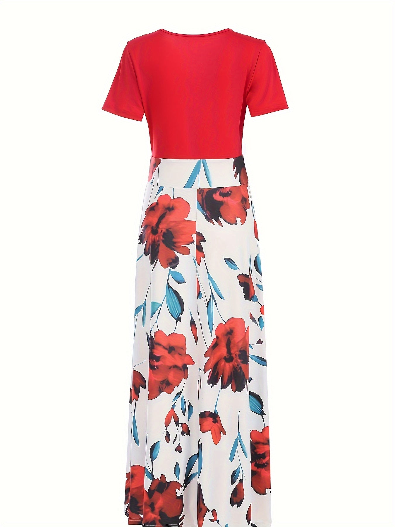Floral Print Splicing Maxi Dress, Casual Crew Neck Short Sleeve Dress For Spring & Summer, Women's Clothing