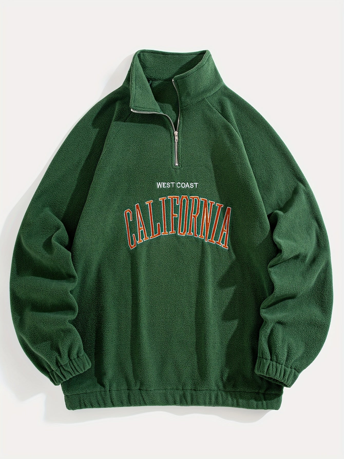 Men's Embroidered Fleece Pullover Sweatshirt with Quarter-Zip Stand Collar - Casual Long Sleeve, Polyester Blend