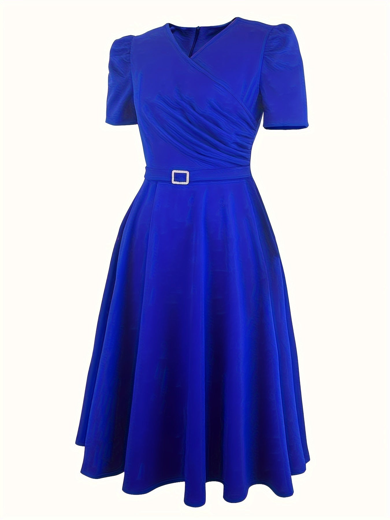 Elegant V-Neck Knit Dress for Women - Solid Color, Knee-Length with Flowy Skirt & Puff Sleeves, Machine Washable