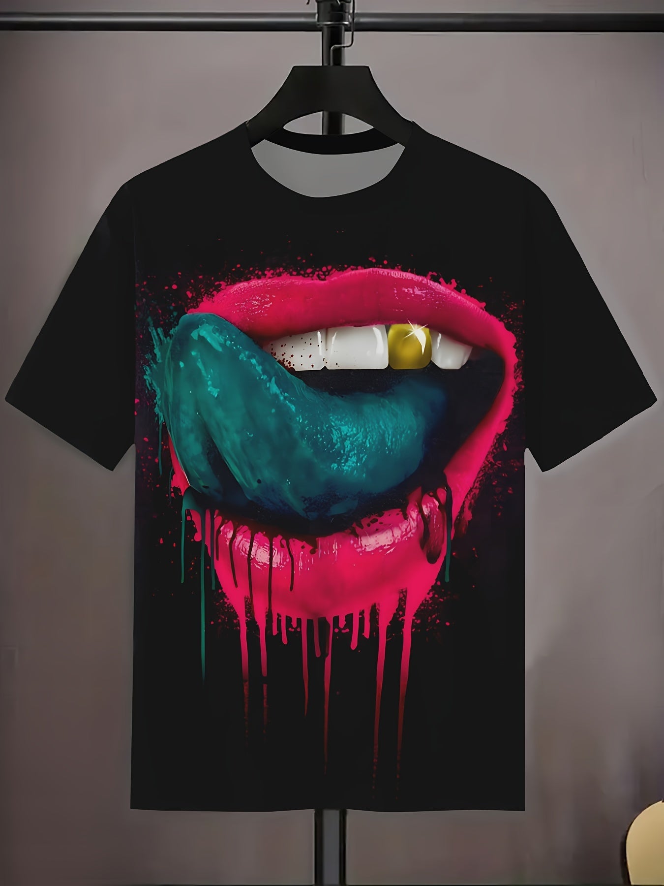 Men's Mouth Graphic Print T-shirt, Short Sleeve Crew Neck Tee, Men's Clothing For Summer Outdoor