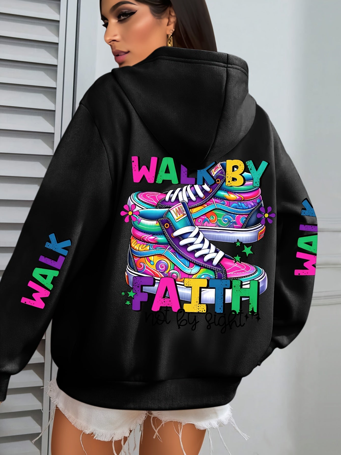 Plus Size Women's Hoodie with Colorful Walk Shoes Print - Casual Long Sleeve Pullover with Pocket, Cozy Polyester Hooded Sweatshirt for Fall & Winter, Fall Fashion Hoodie|Vibrant Shoe Design|Machine Washable Top