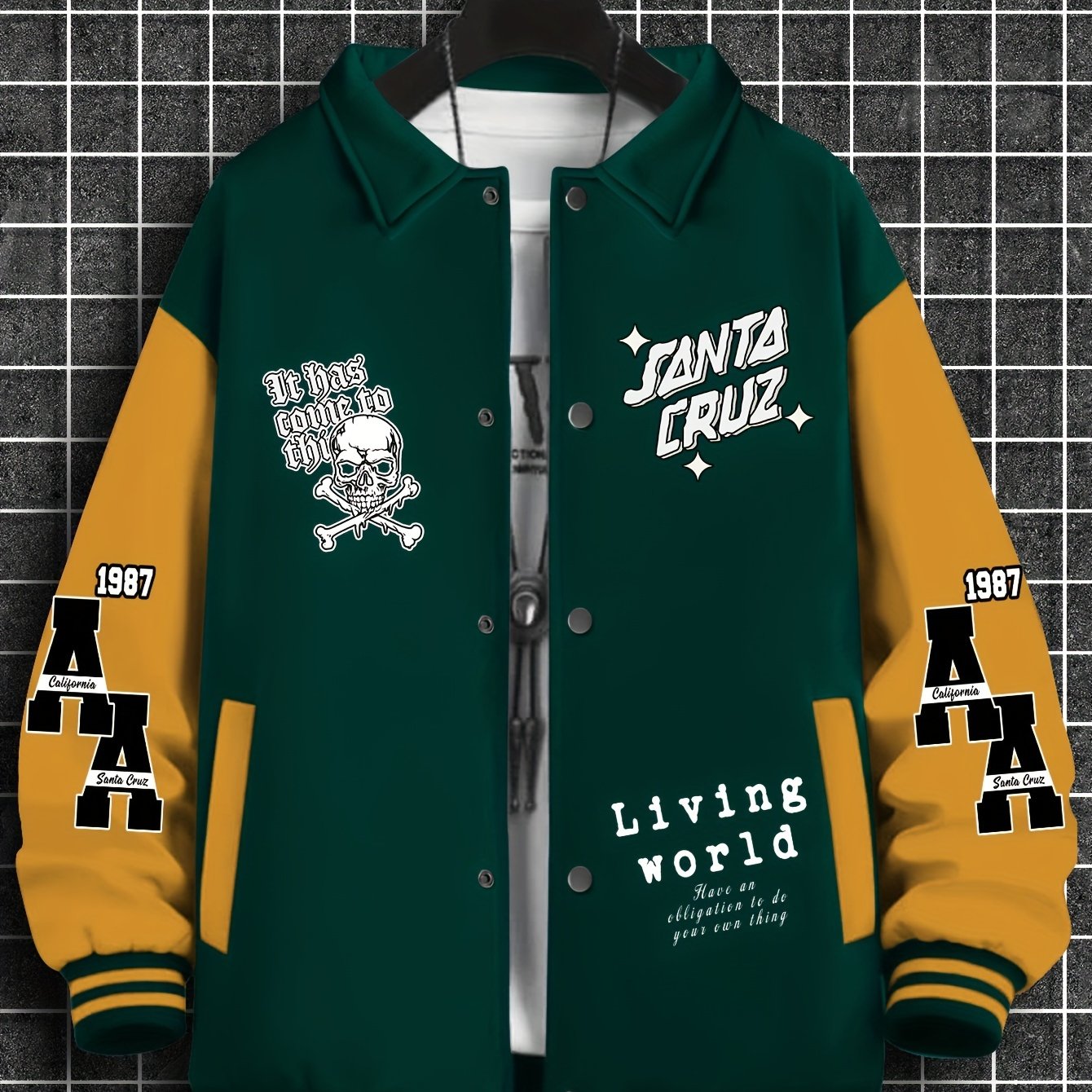 Men's Trendy Casual Baseball Jacket with Unique Print Design - Thick, Warm Polyester, Machine Washable, Collared Style
