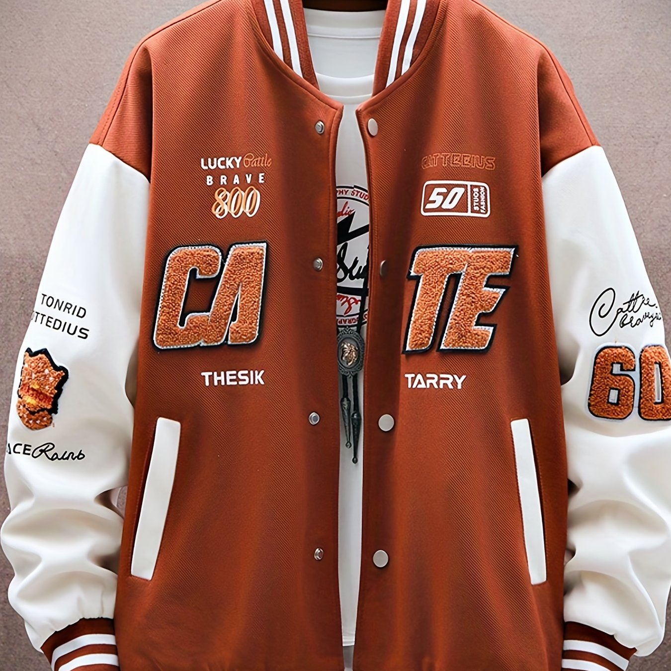 Letters Print Preppy Varsity Jacket, Men's Casual Long Sleeve Striped Button Down Baseball Jacket With Pockets For Winter Fall