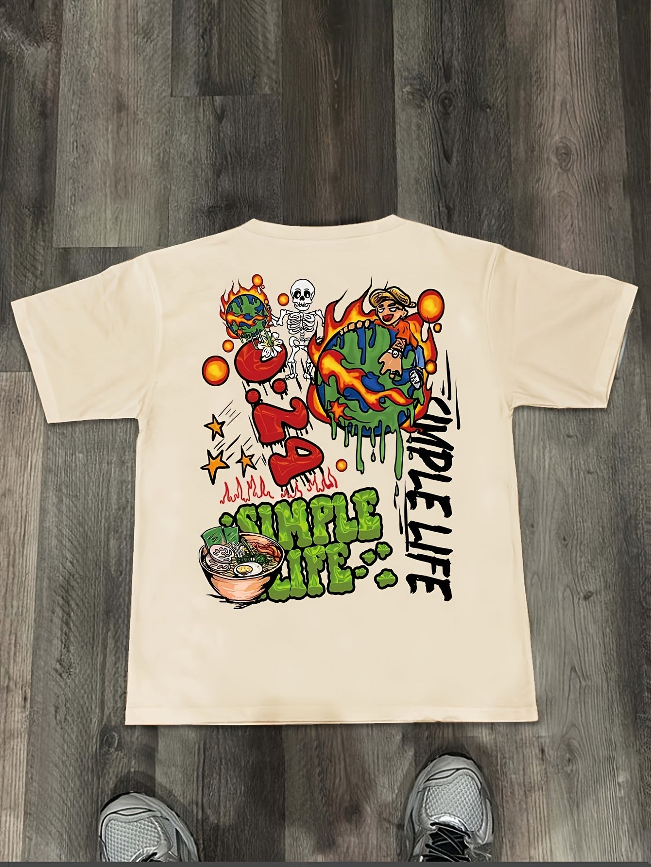 Men's Summer Essential T-Shirt - Casual Street Style with "SUPER GREAT" Cartoon Print, Crew Neck, 100% Polyester Blend, Regular Fit, Machine Washable
