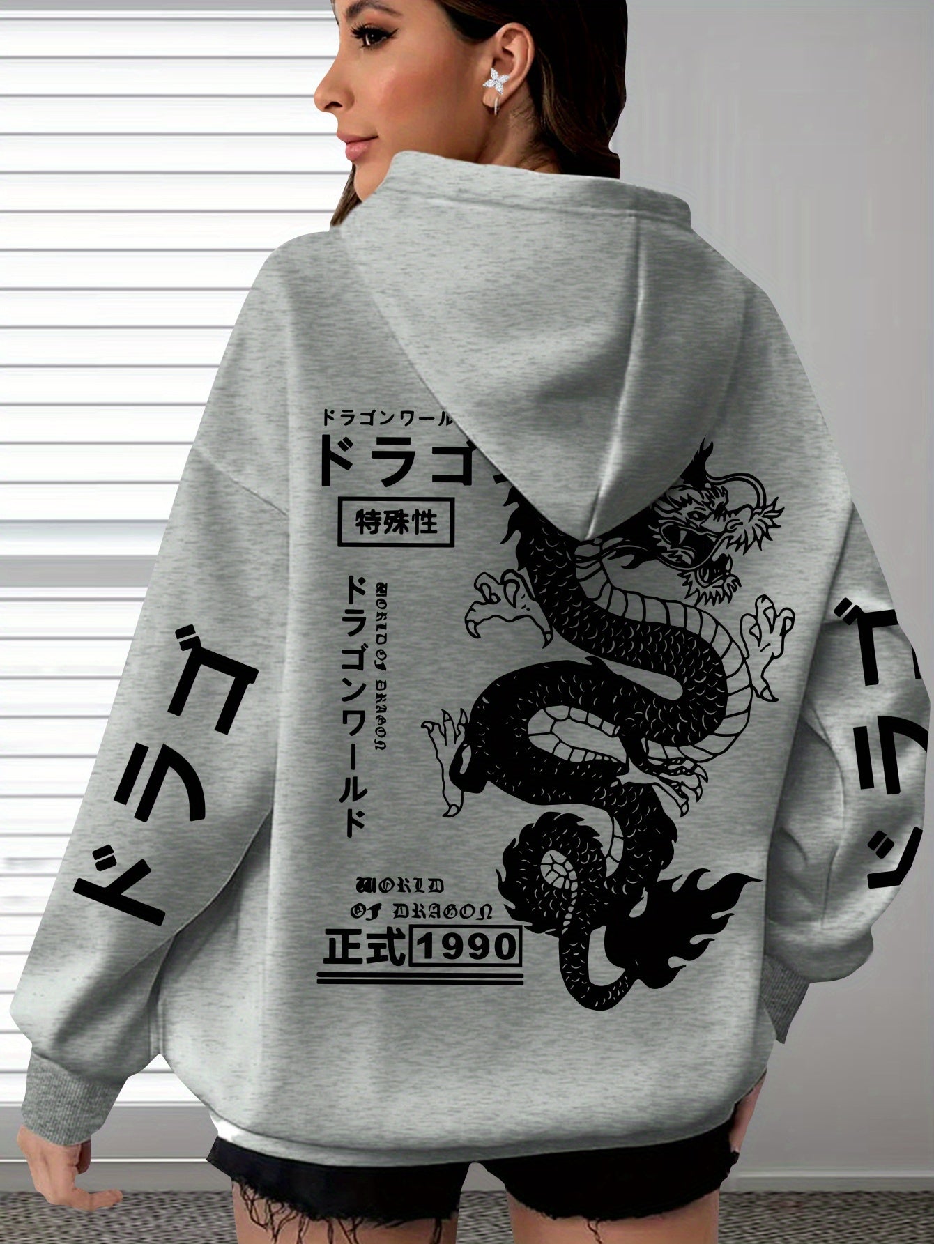 Women's Plus Size Casual Hoodie with Dragon & Letter Print - Cozy Knit, Long Sleeve, Drawstring Pullover