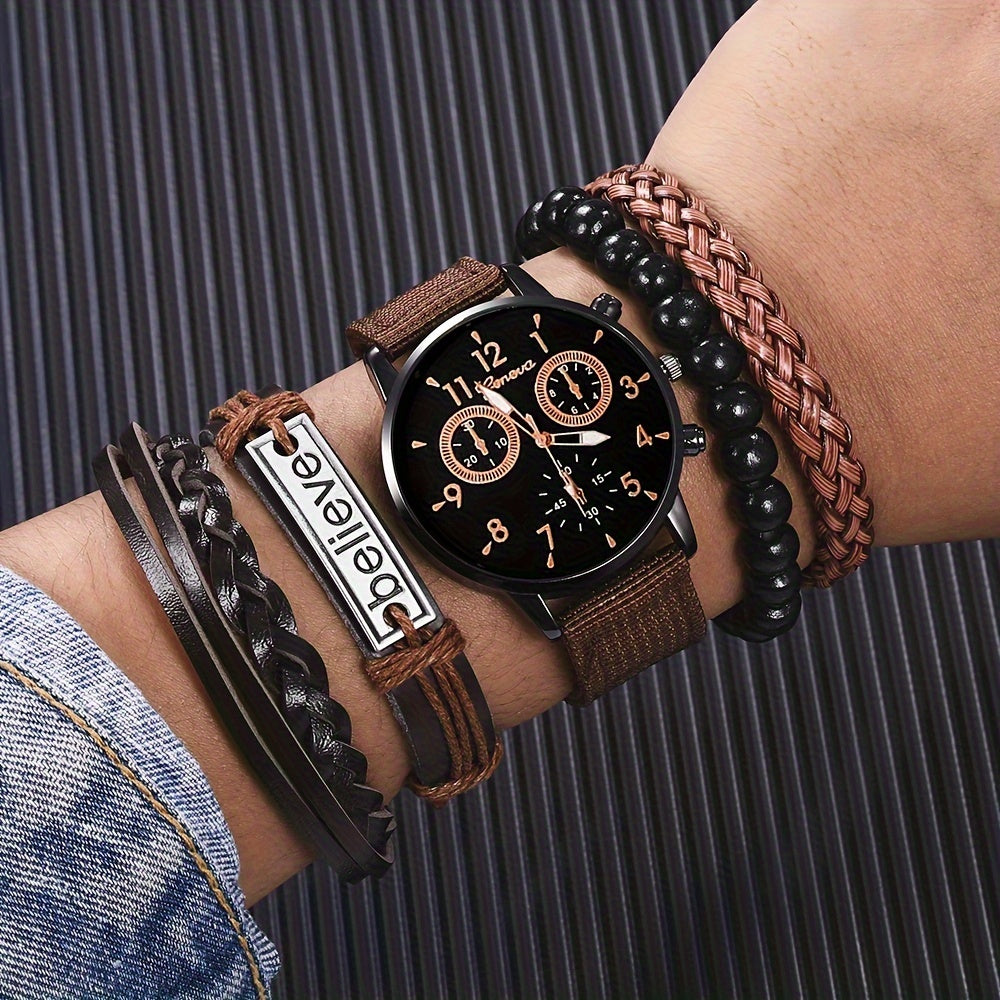 Middle East, Ramadan Men Watch 1pcs Men's Black Nylon Strap Casual Industrial Style Round Dial Calendar Pointer Quartz Watch And 3pcs Bracelets Watch for Men Suitable for Men Party Birthday Wear Or As Brother The Best Gift fo